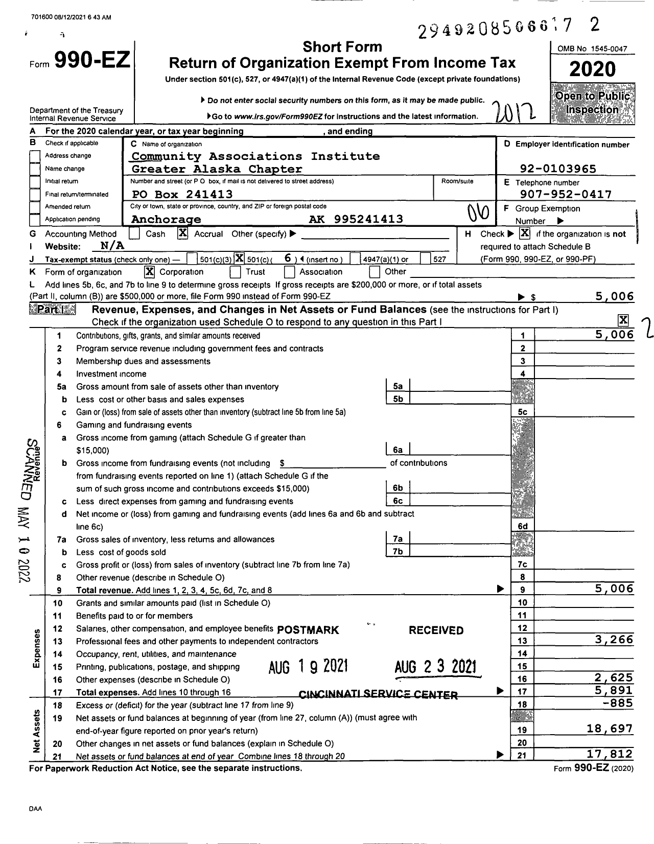 Image of first page of 2020 Form 990EO for Community Associations Institute Greater Alaska Chapter