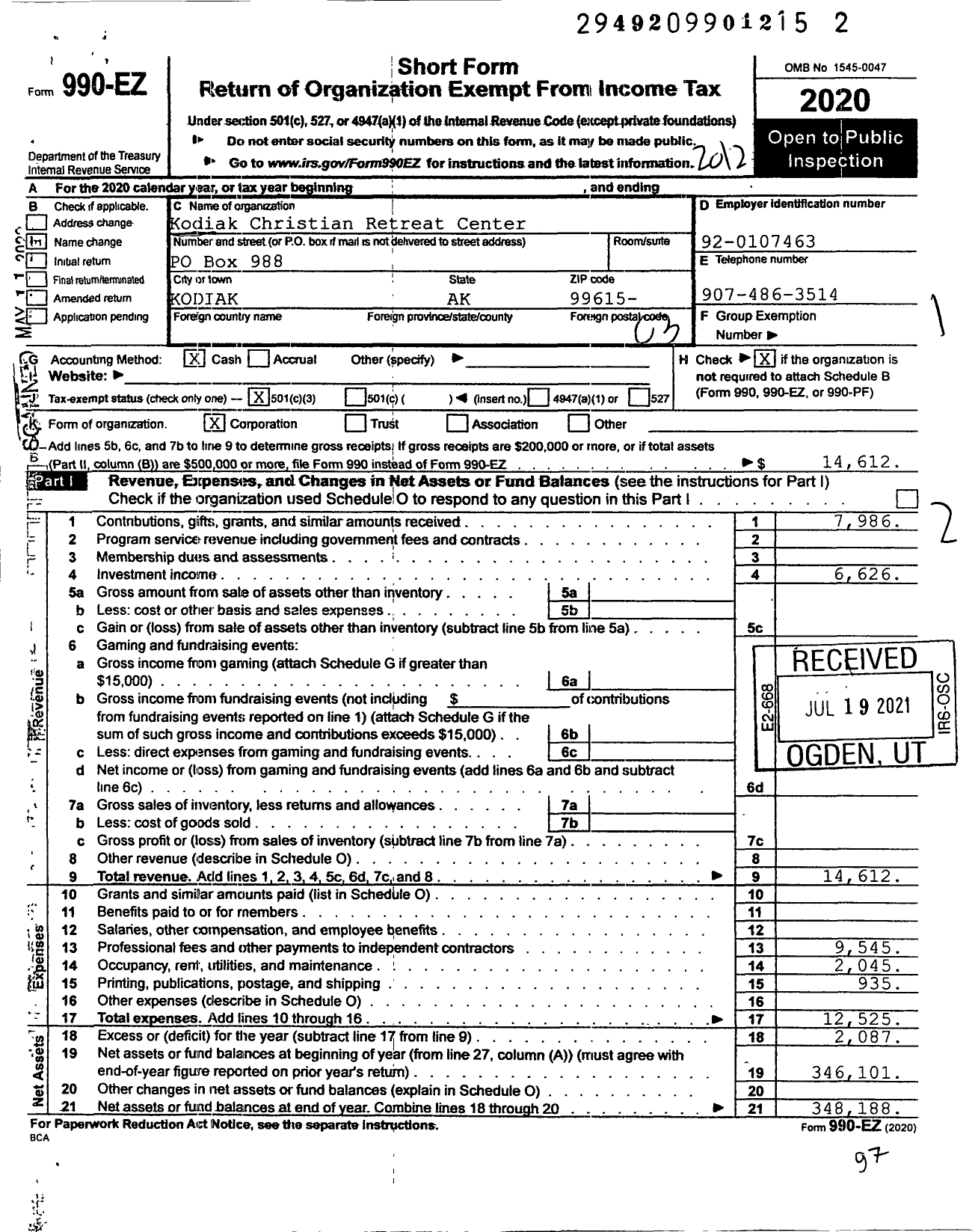 Image of first page of 2020 Form 990EZ for Kodiak Christian Retreat Center