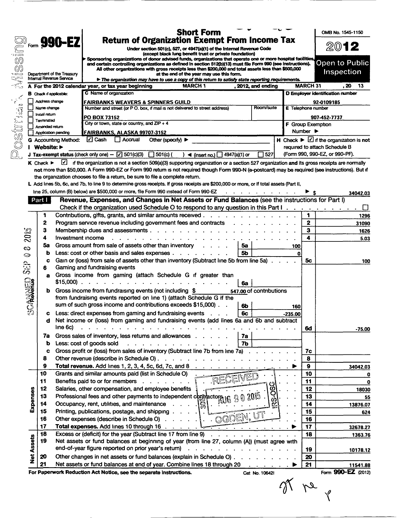 Image of first page of 2012 Form 990EZ for Fairbanks Weavers and Spinners Guild