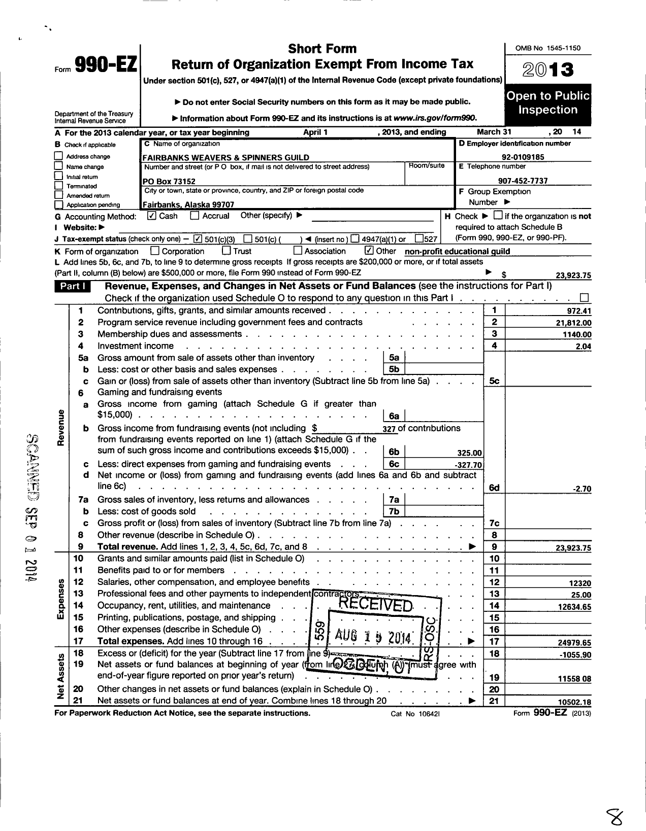 Image of first page of 2013 Form 990EZ for Fairbanks Weavers and Spinners Guild