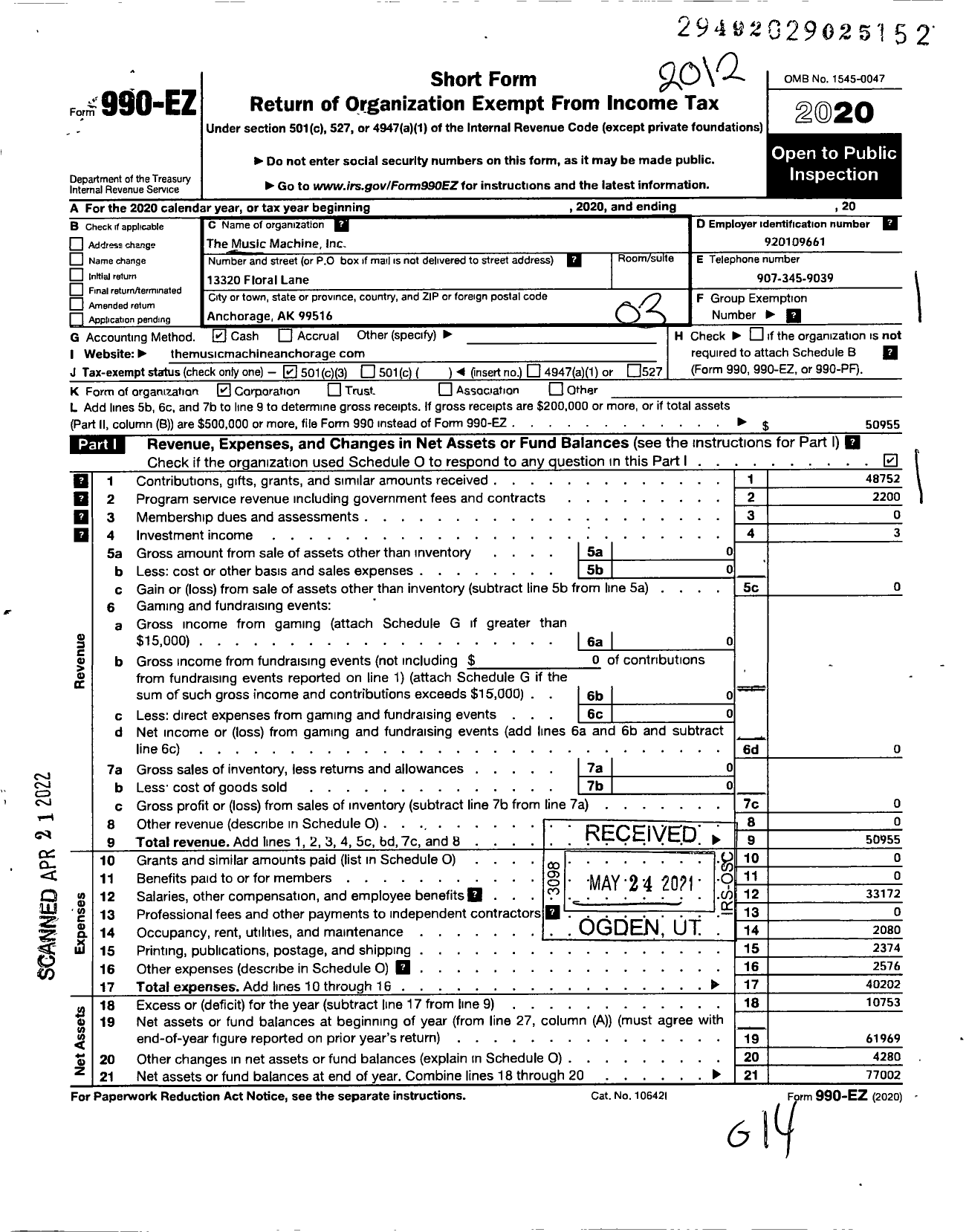 Image of first page of 2020 Form 990EZ for The Music Machine