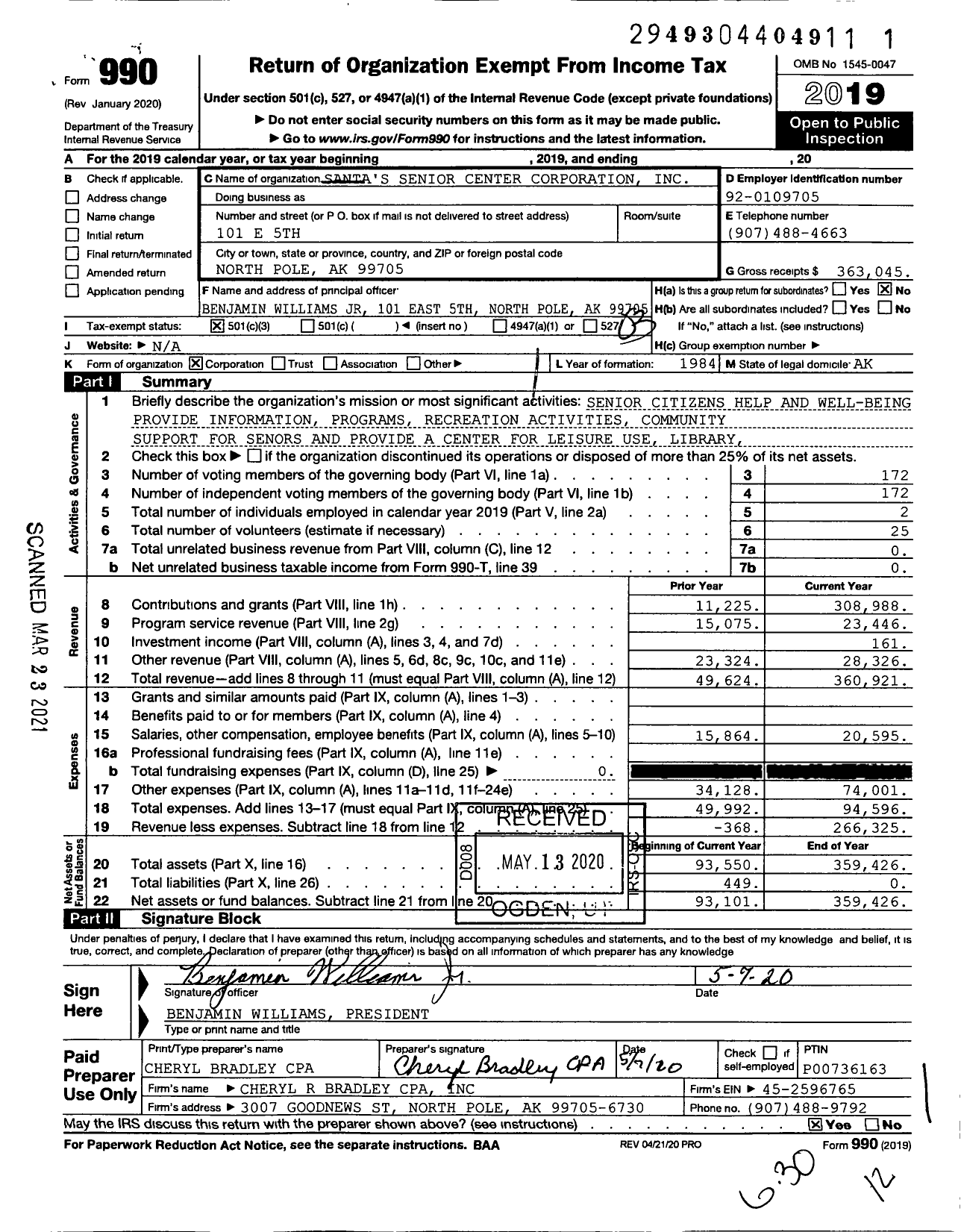 Image of first page of 2019 Form 990 for Santa's Senior Center Corporation