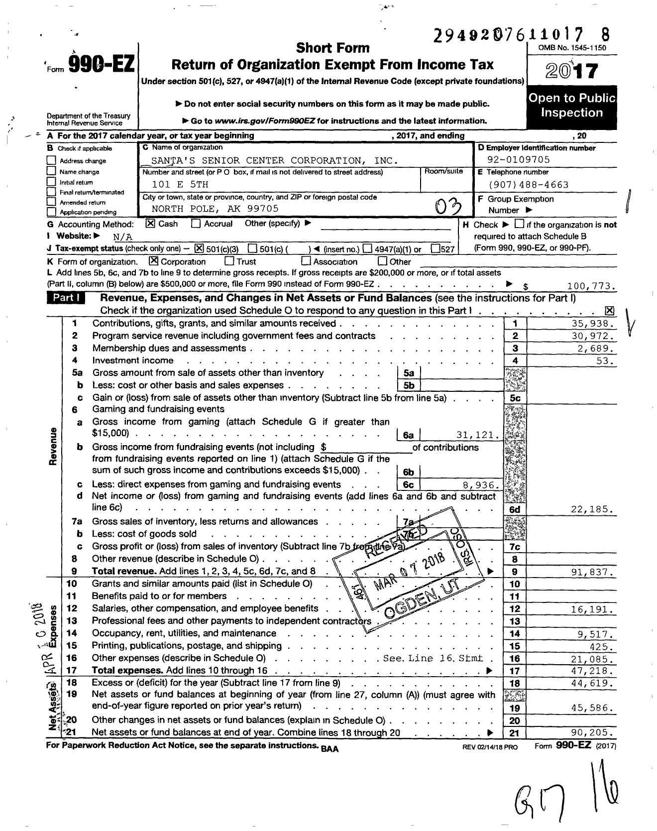 Image of first page of 2017 Form 990EZ for Santa's Senior Center Corporation