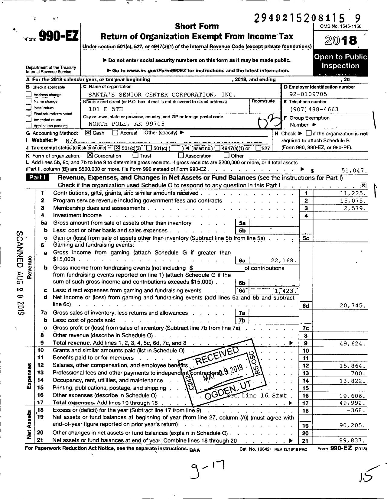 Image of first page of 2018 Form 990EZ for Santa's Senior Center Corporation