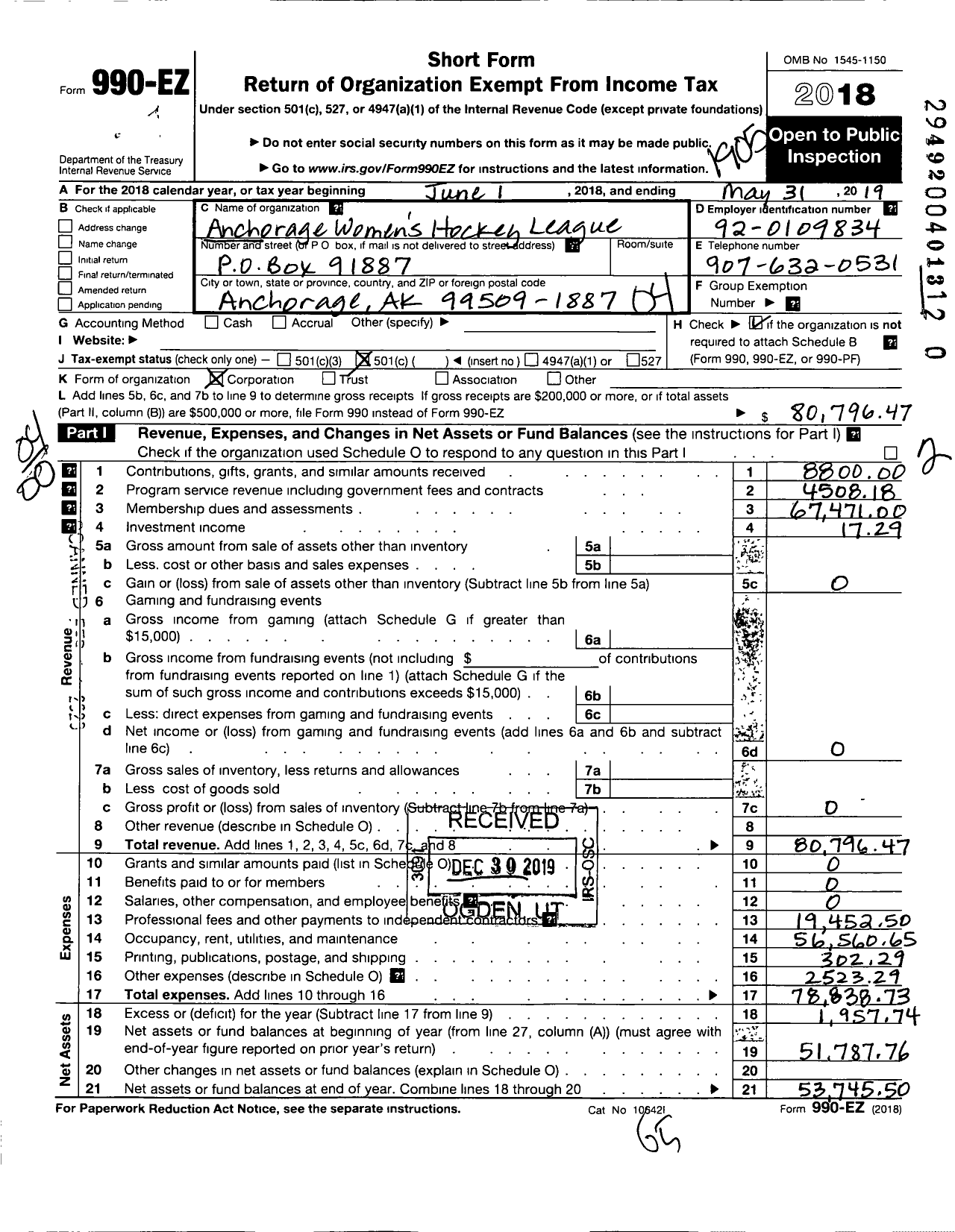 Image of first page of 2018 Form 990EO for Anchorage Womens Hockey League