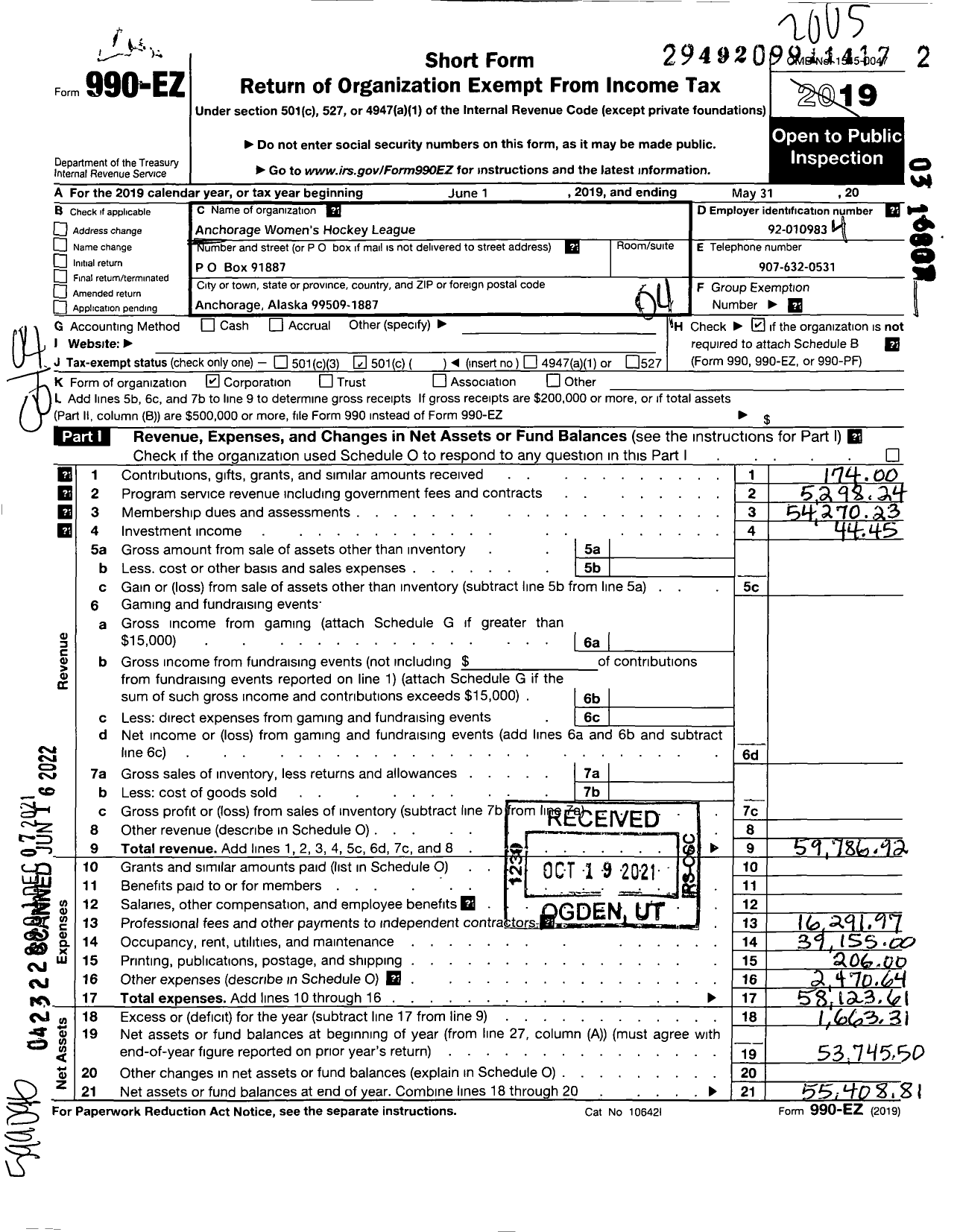 Image of first page of 2019 Form 990EO for Anchorage Womens Hockey League