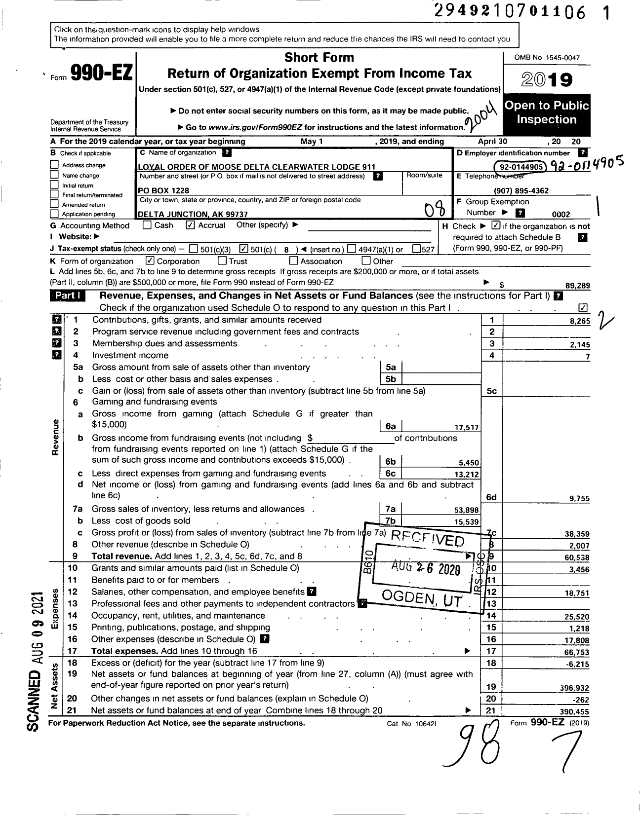 Image of first page of 2019 Form 990EO for Loyal Order of Moose - 911