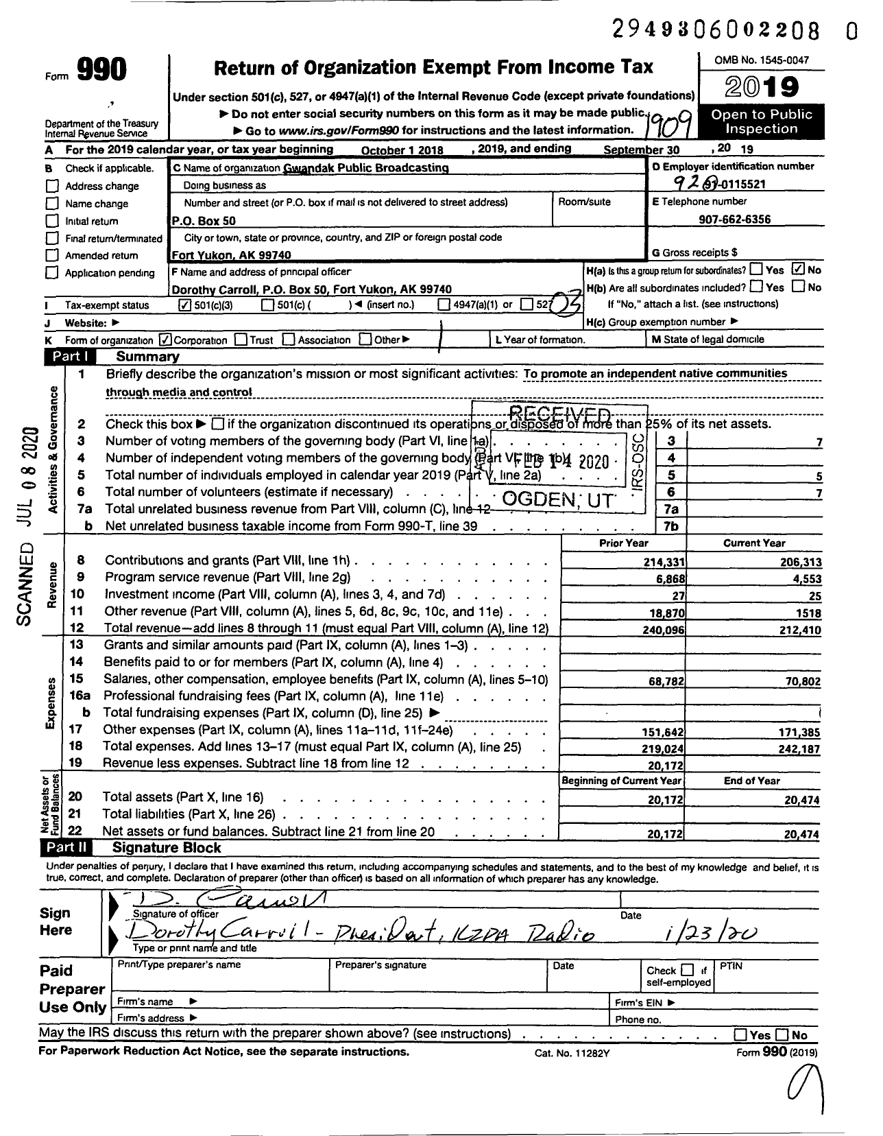 Image of first page of 2018 Form 990 for Gwandak Public Broadcasting