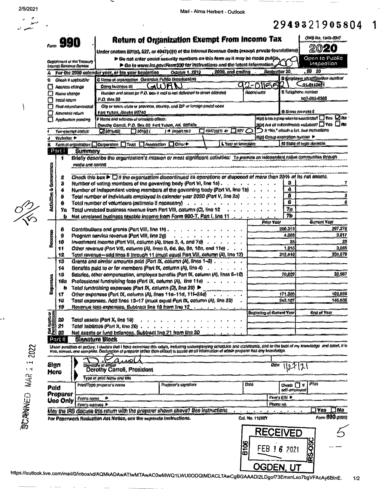 Image of first page of 2019 Form 990 for Gwandak Public Broadcasting