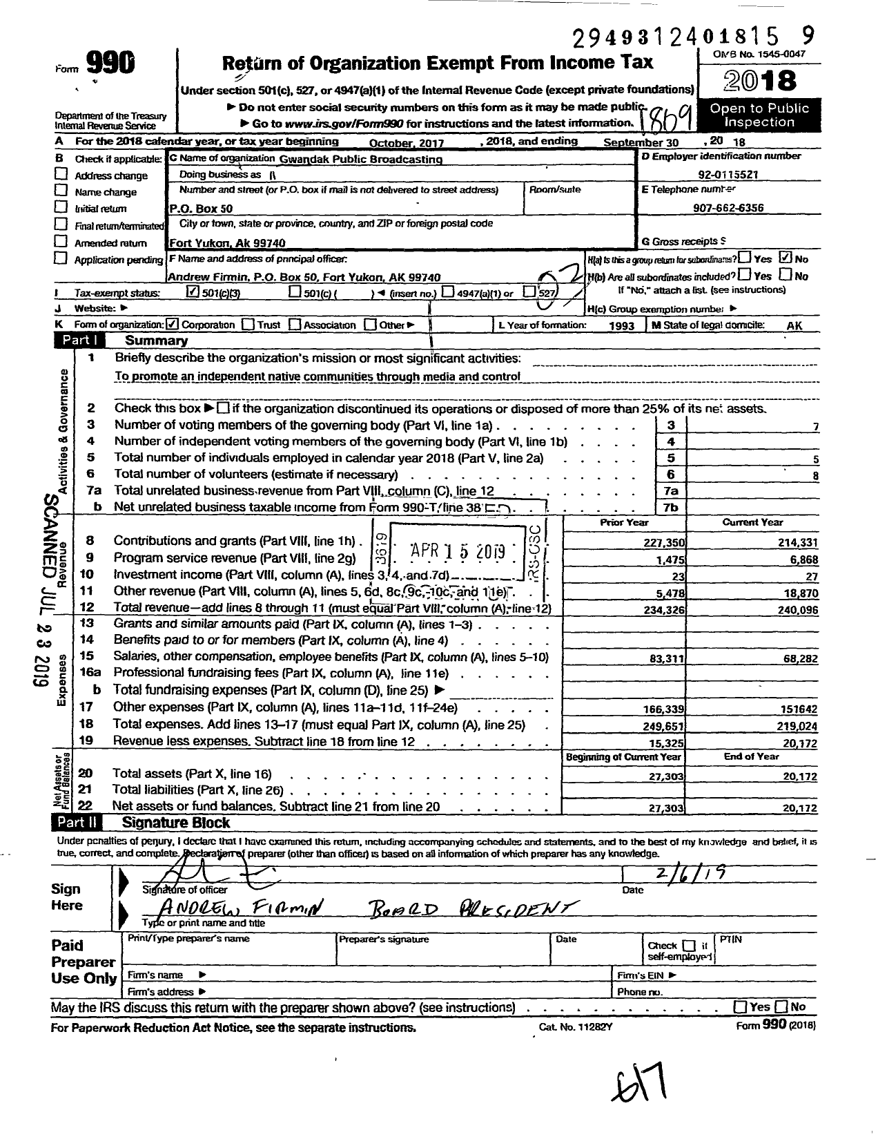 Image of first page of 2017 Form 990 for Gwandak Public Broadcasting