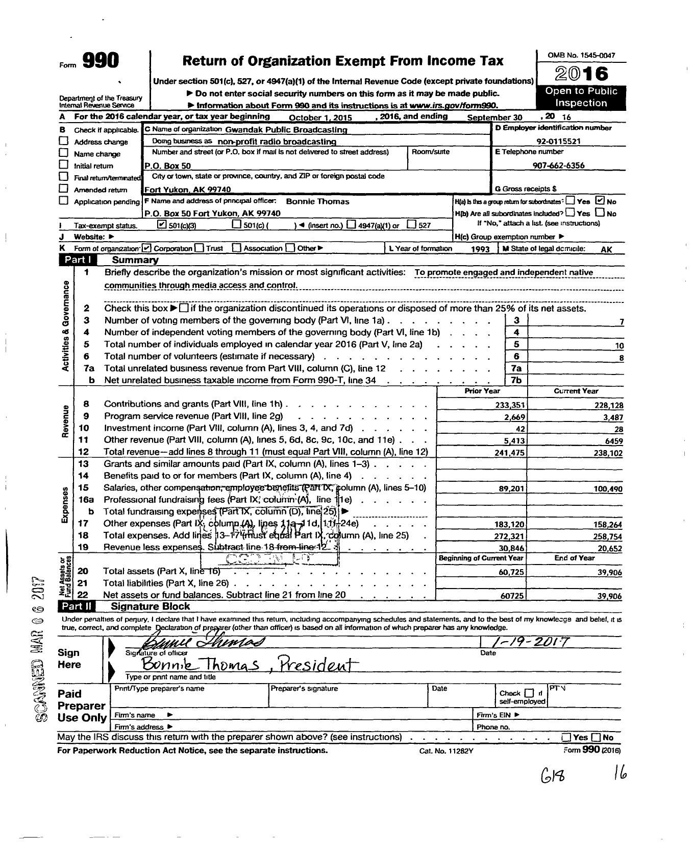 Image of first page of 2015 Form 990 for Gwandak Public Broadcasting