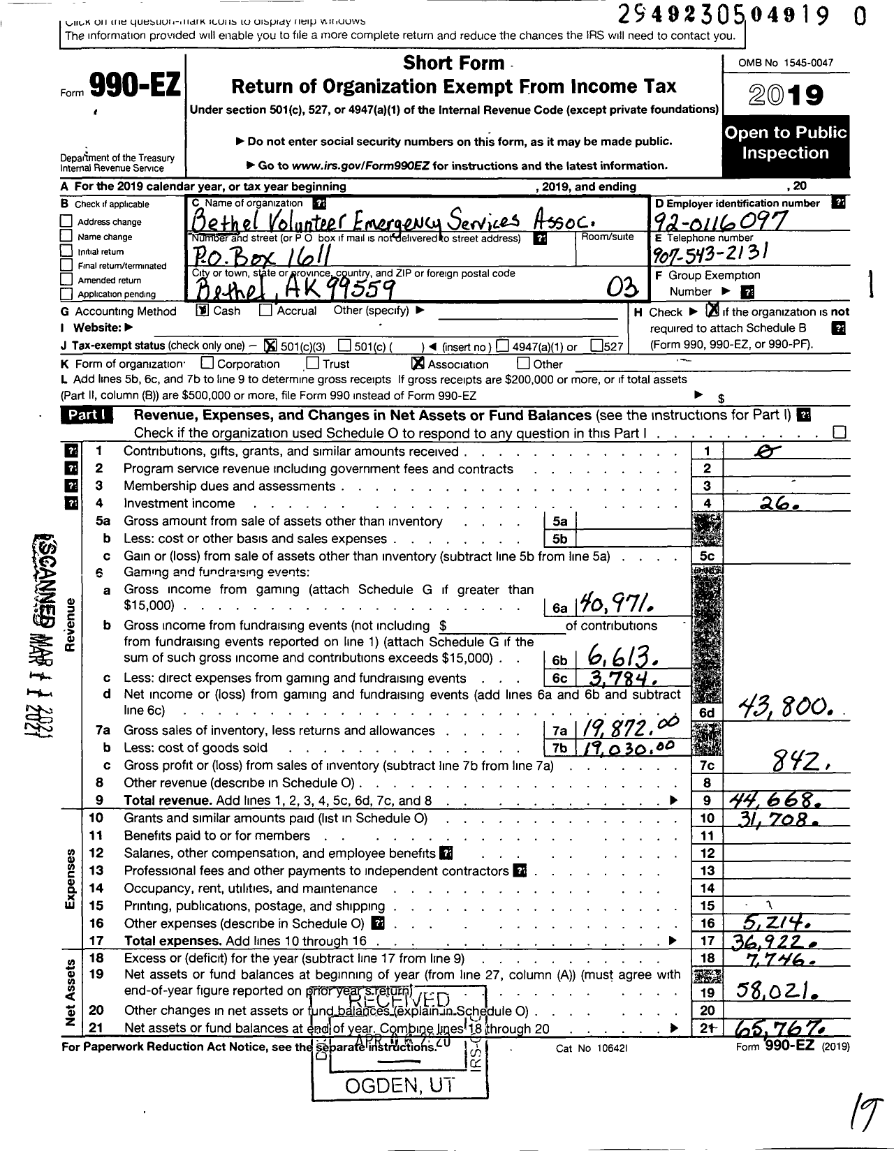 Image of first page of 2019 Form 990EZ for Bethel Volunteer Emergency Services Association