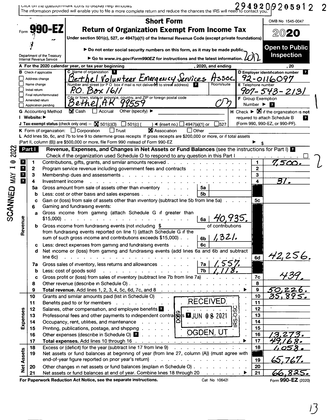 Image of first page of 2020 Form 990EZ for Bethel Volunteer Emergency Services Association