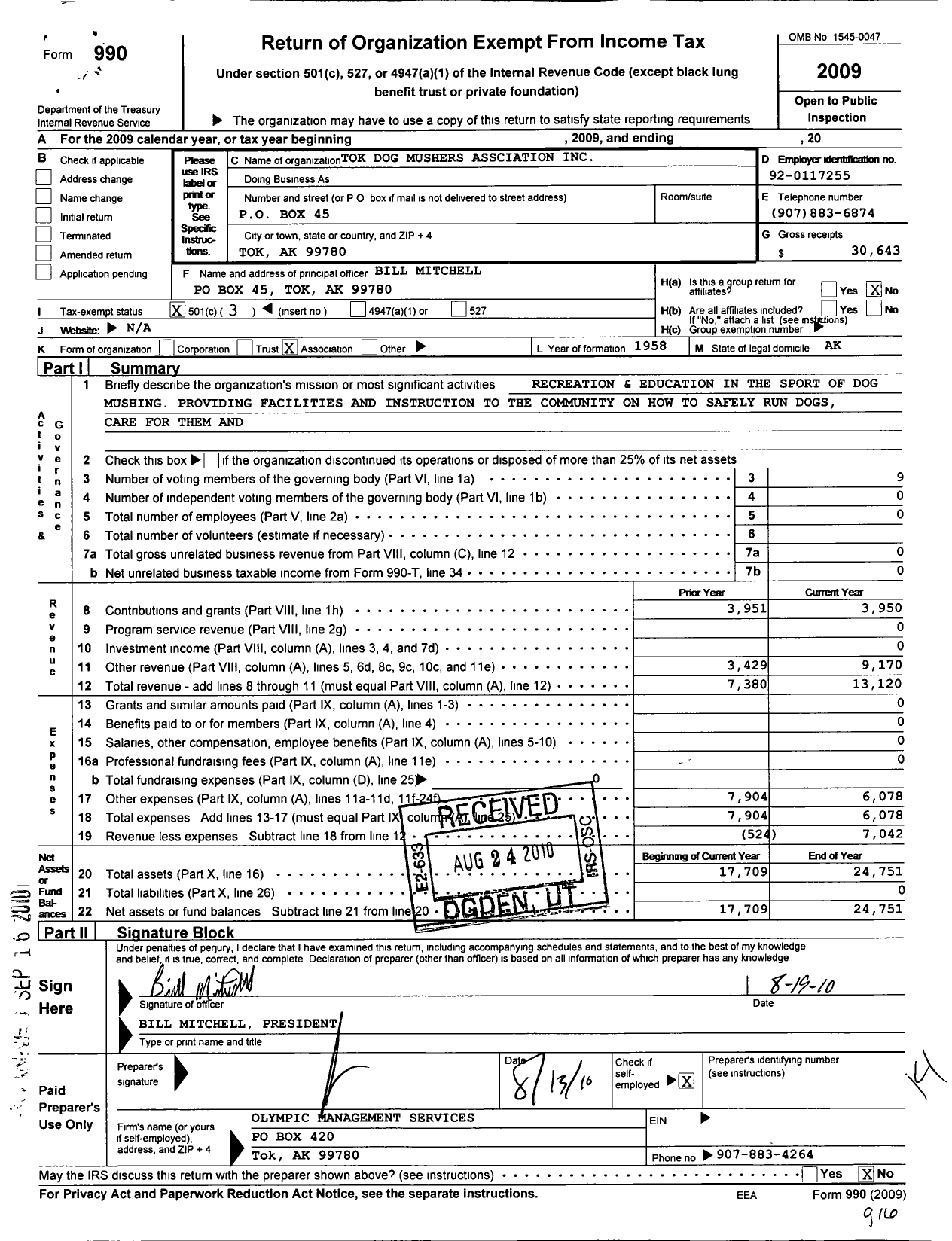 Image of first page of 2009 Form 990 for Tok Dog Mushers Association