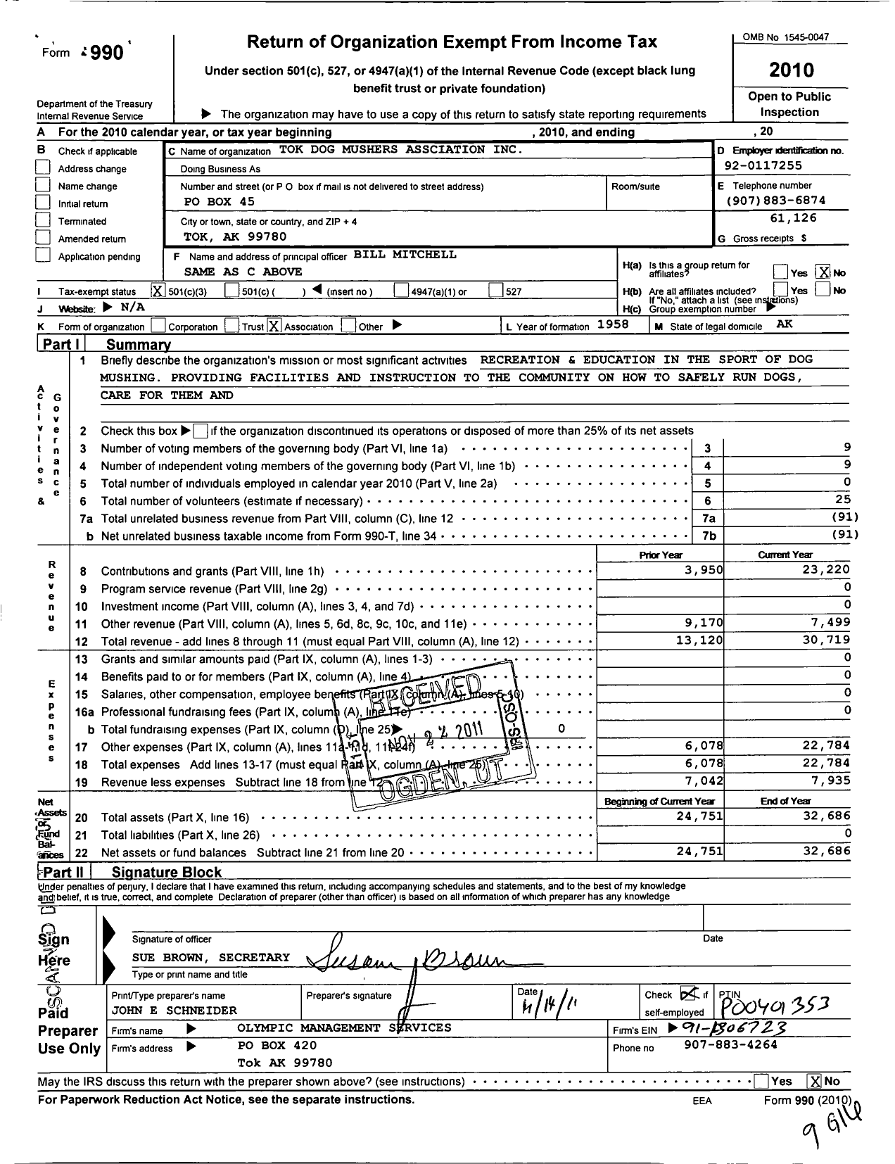 Image of first page of 2010 Form 990 for Tok Dog Mushers Association