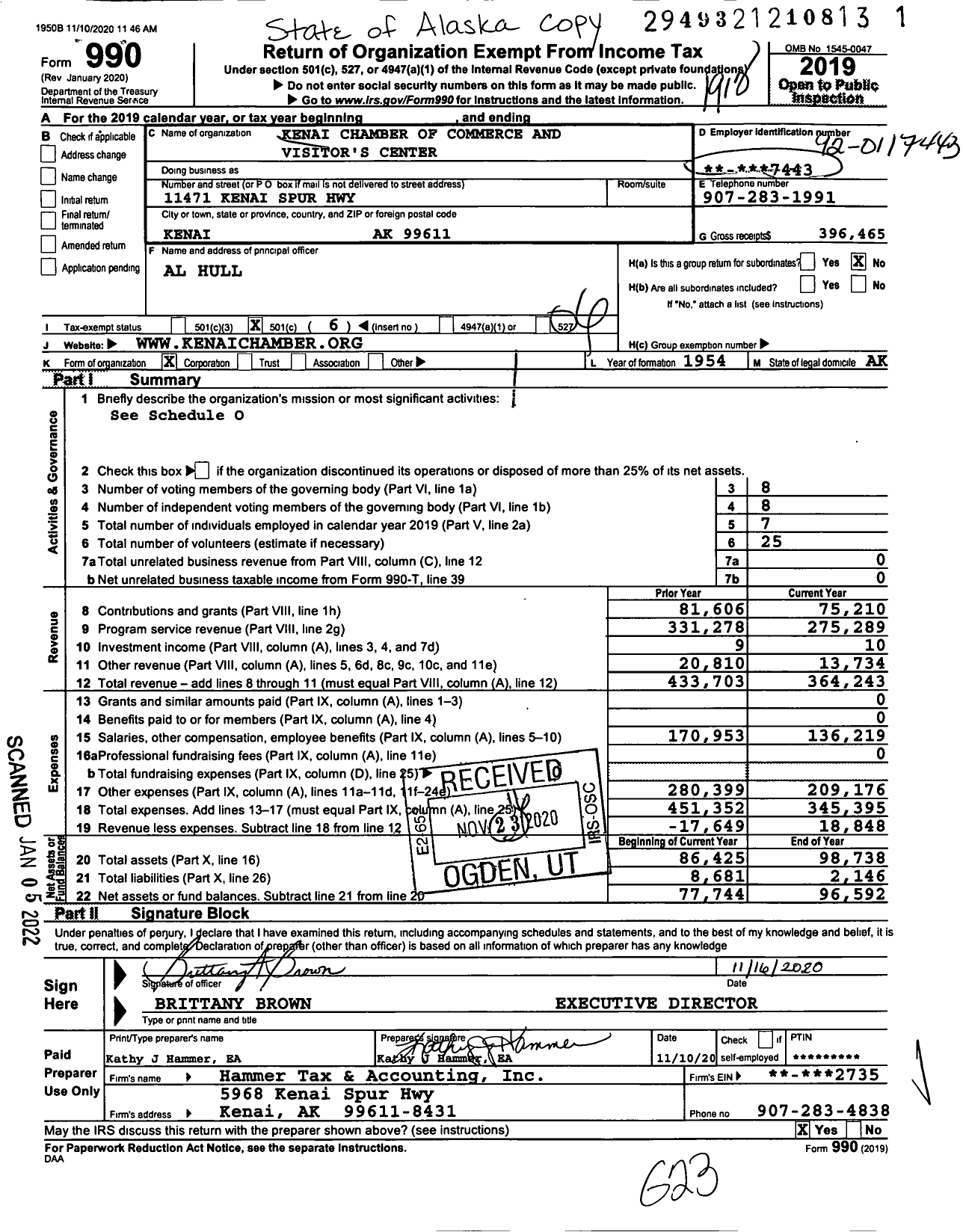 Image of first page of 2019 Form 990O for Kenai Chamber of Commerce and Visitors Center