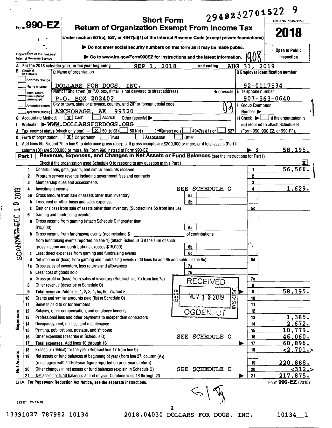 Image of first page of 2018 Form 990EZ for Dollars for Dogs
