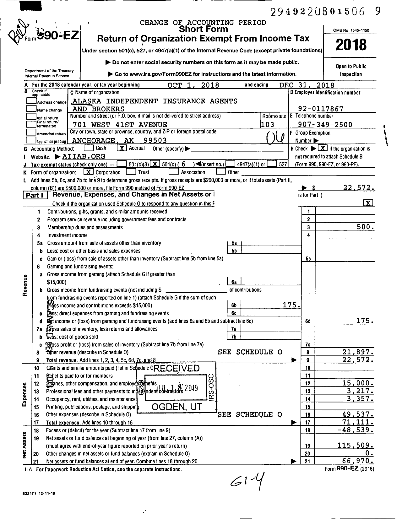 Image of first page of 2018 Form 990EO for Alaska Independent Insurance Agents and Brokers