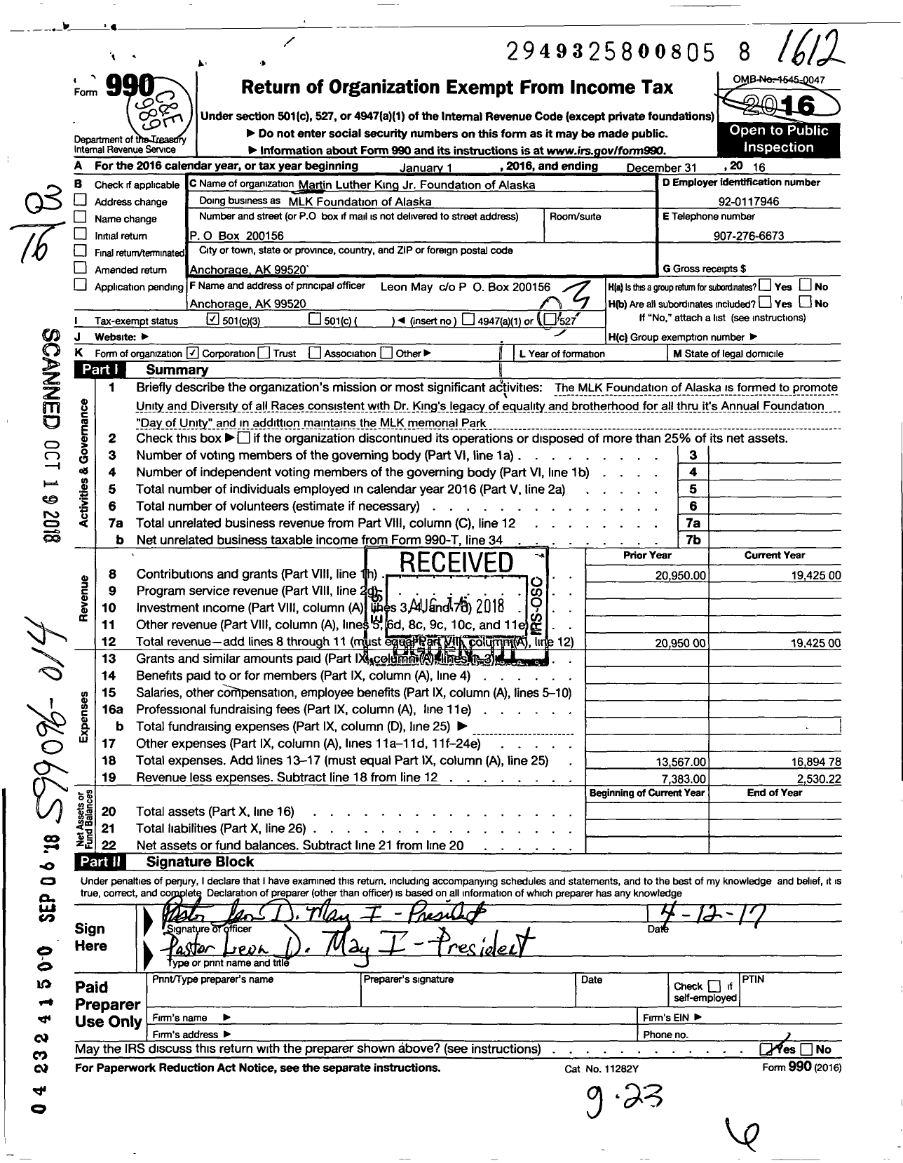 Image of first page of 2016 Form 990 for Martin Luther King JR Foundation of Alaska