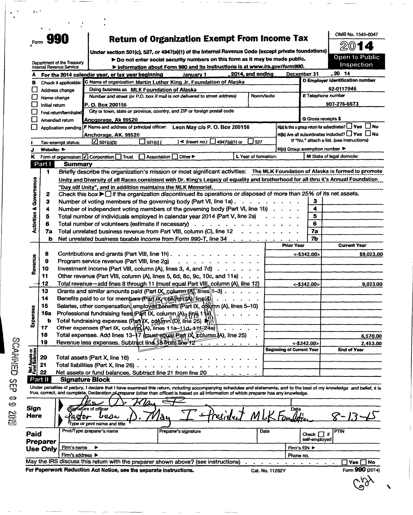 Image of first page of 2014 Form 990 for Martin Luther King JR Foundation of Alaska