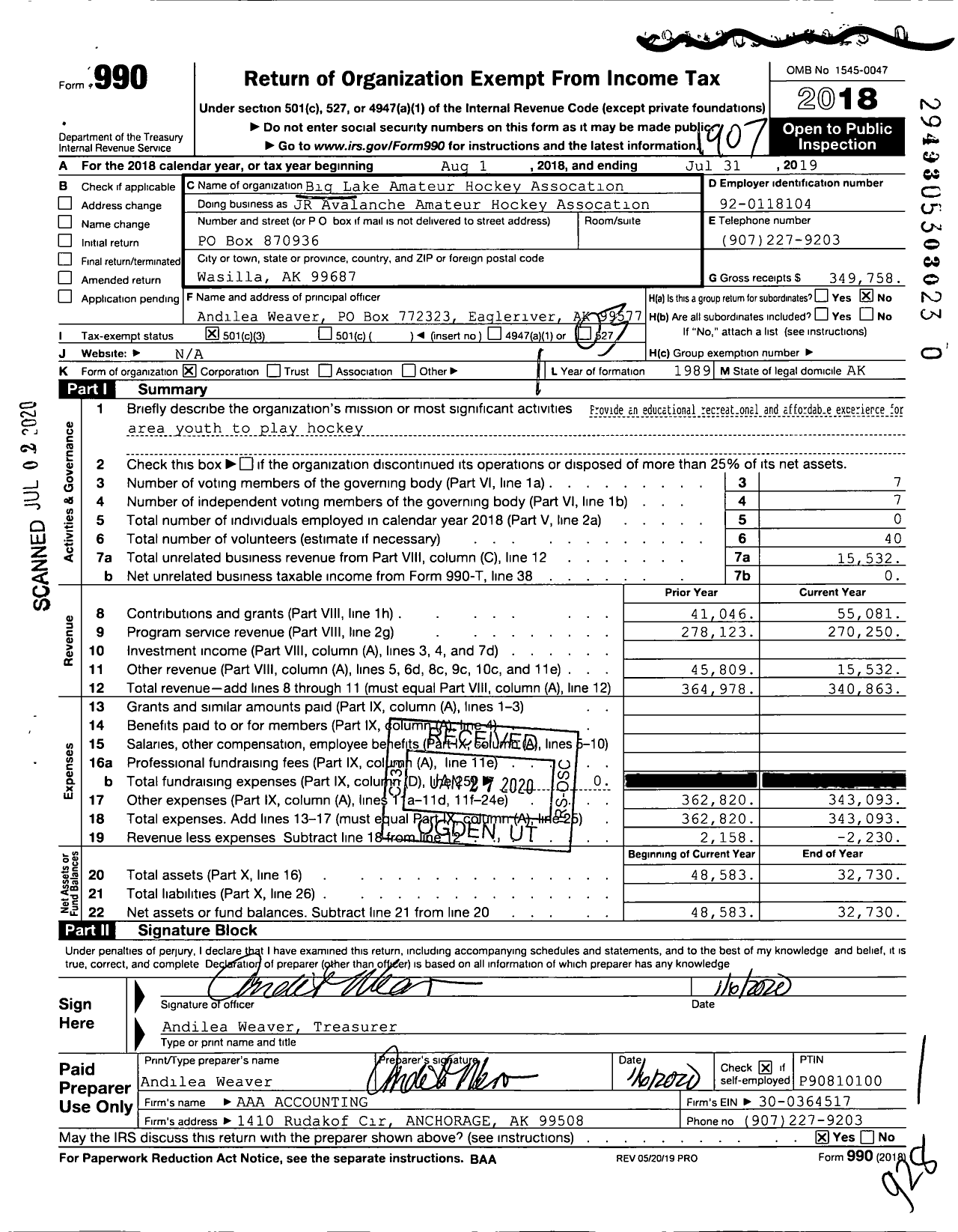 Image of first page of 2018 Form 990 for JR Avalanche Amateur Hockey Association