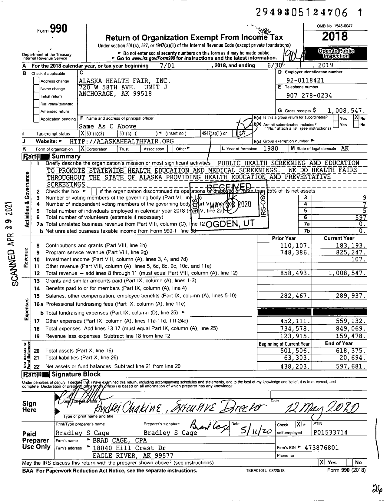 Image of first page of 2018 Form 990 for Alaska Health Fair