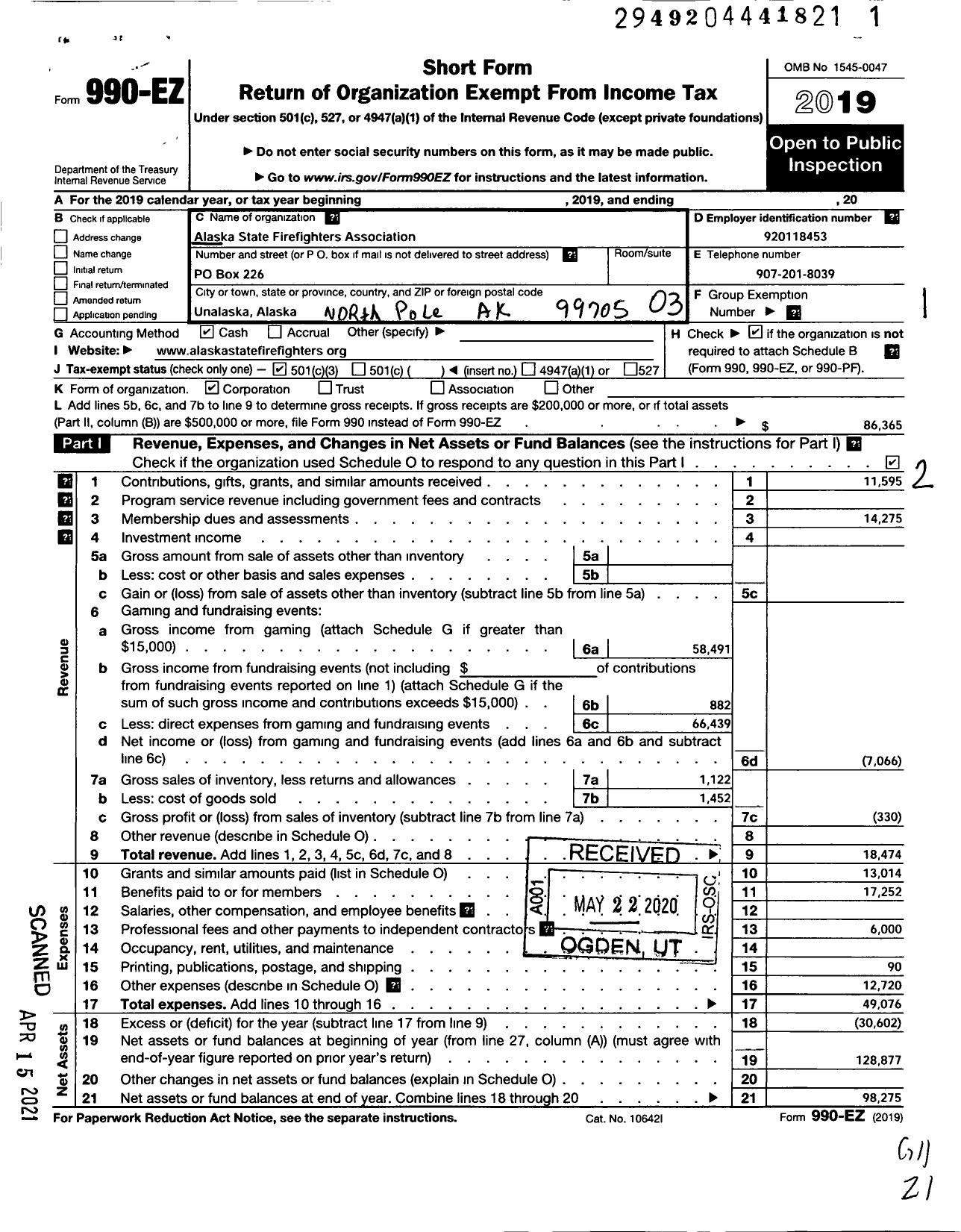 Image of first page of 2019 Form 990EZ for Alaska State Firefighters Association