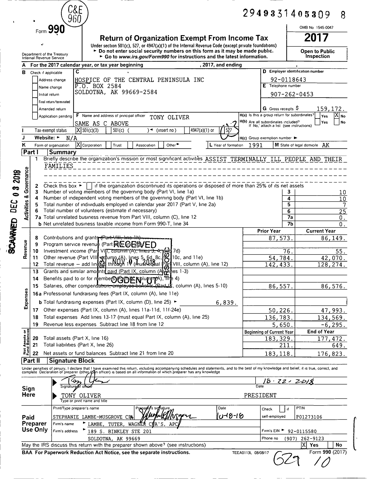 Image of first page of 2017 Form 990 for Hospice of the Central Peninsula