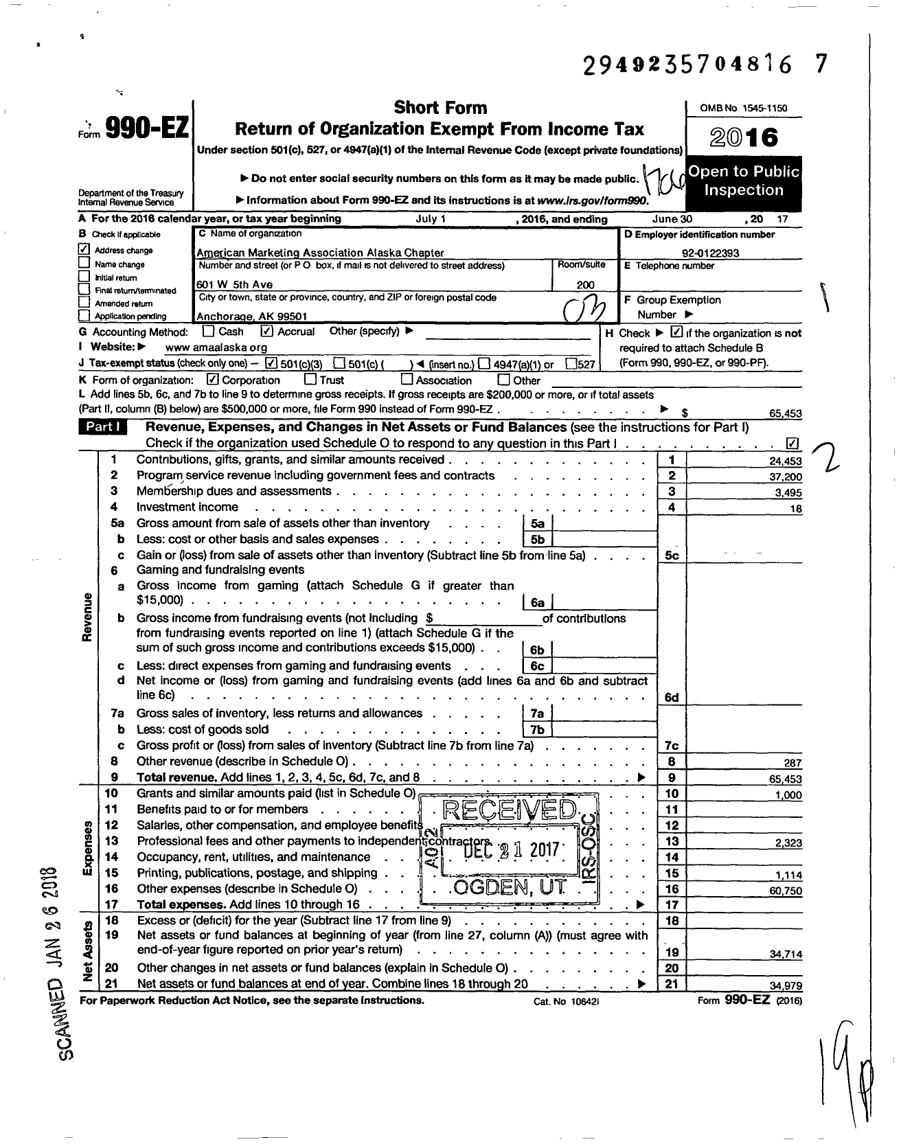 Image of first page of 2016 Form 990EZ for American Marketing Association / Alaska Chapter