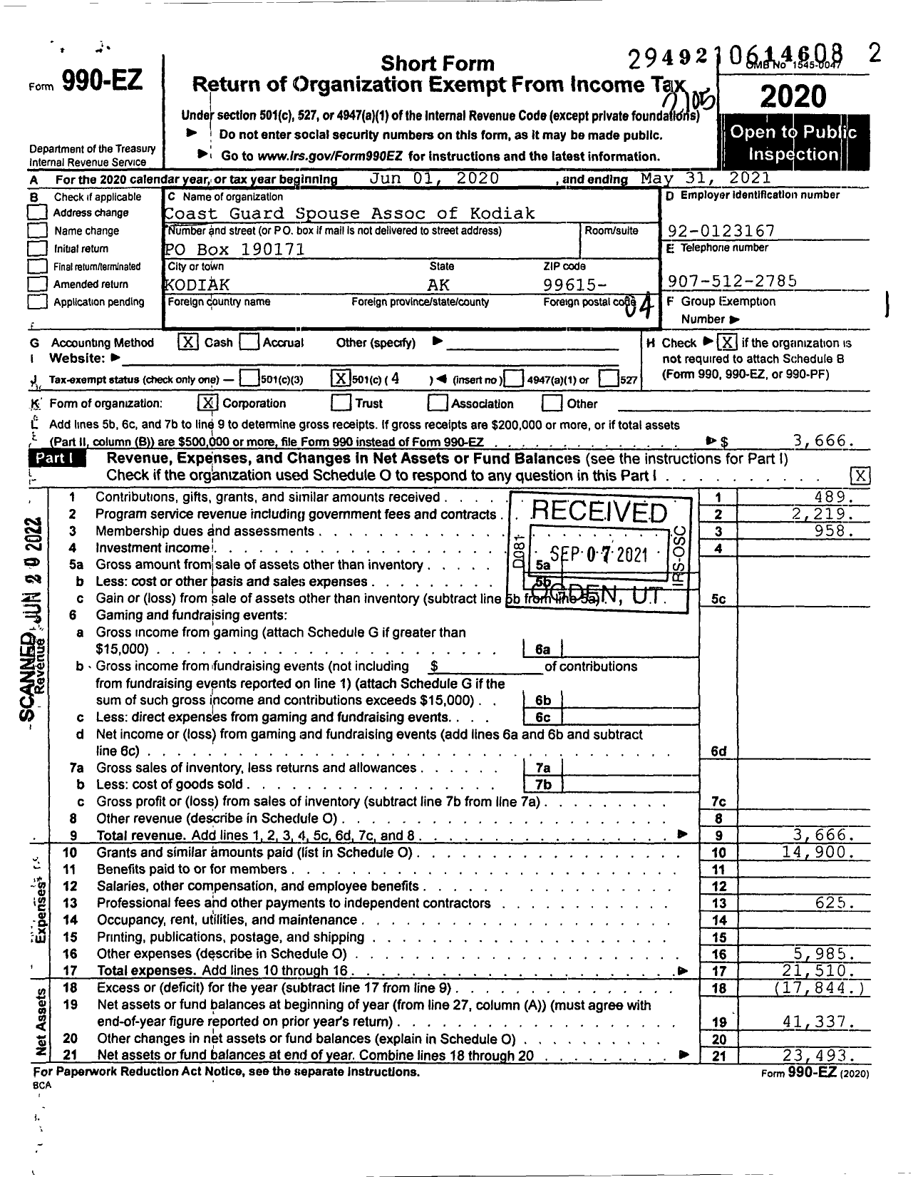 Image of first page of 2020 Form 990EO for Kodiak Officers Wives Club