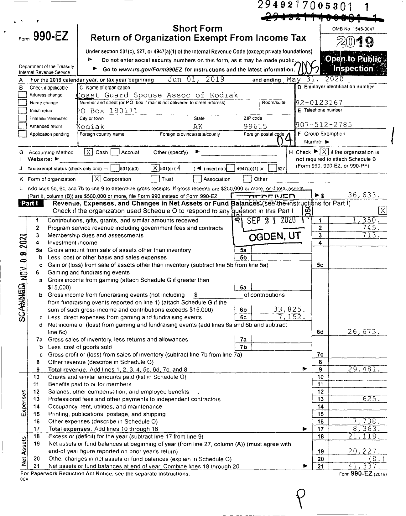 Image of first page of 2019 Form 990EO for Kodiak Officers Wives Club