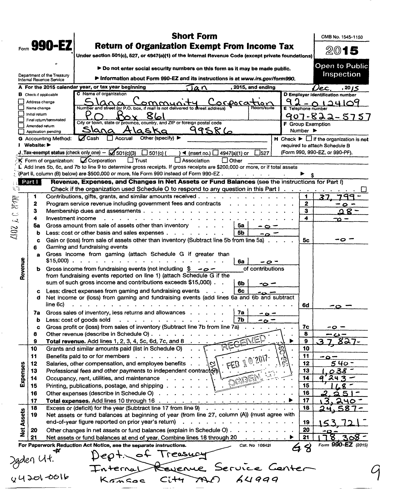 Image of first page of 2015 Form 990EZ for Slana Community Corporation