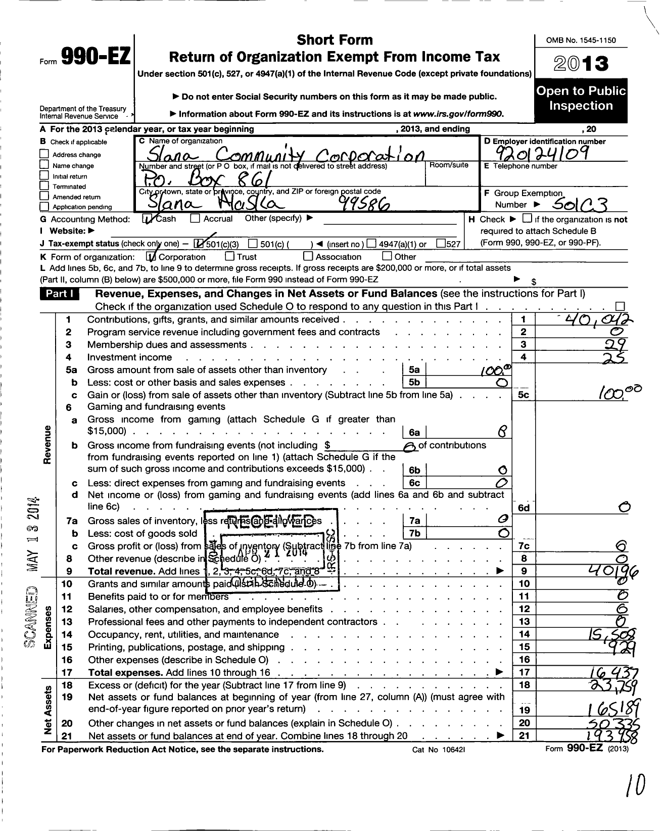 Image of first page of 2013 Form 990EZ for Slana Community Corporation