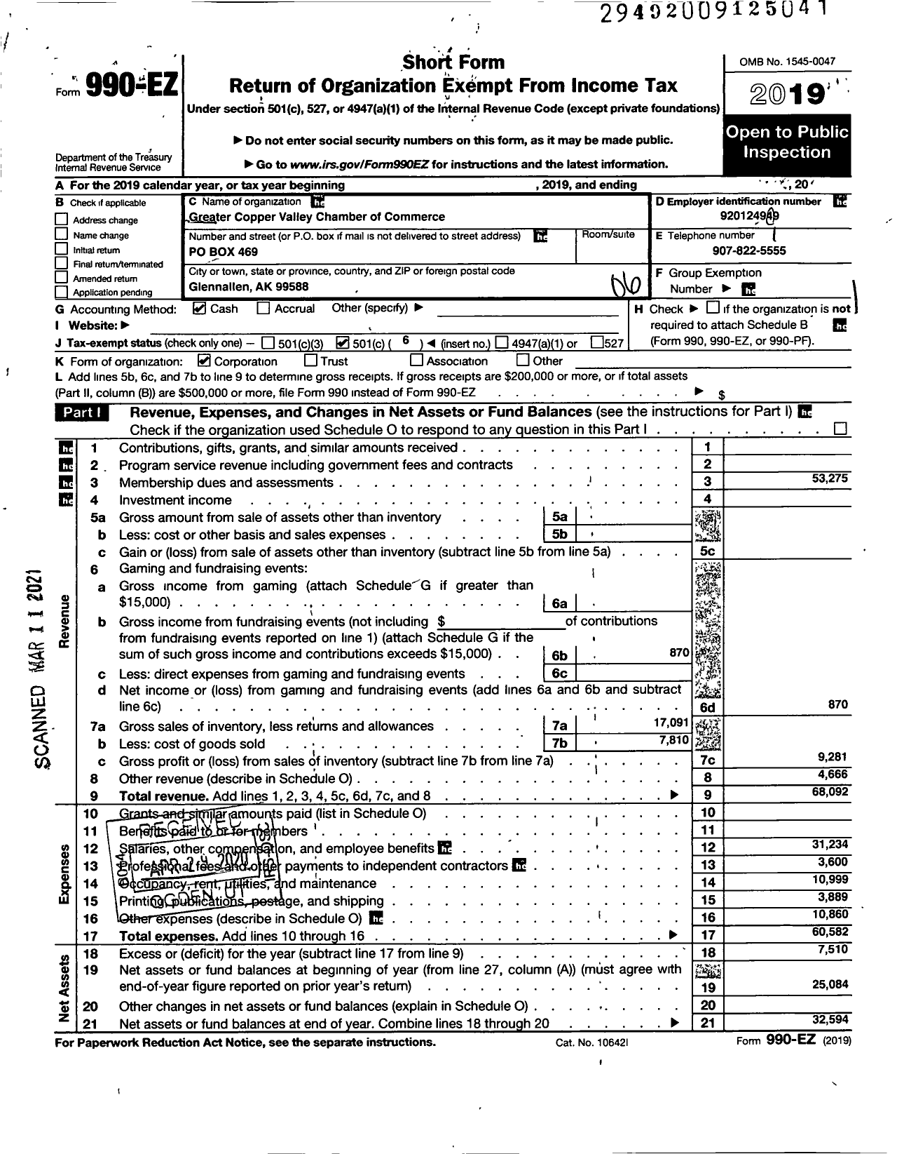 Image of first page of 2019 Form 990EO for Copper Valley Chamber of Commerce