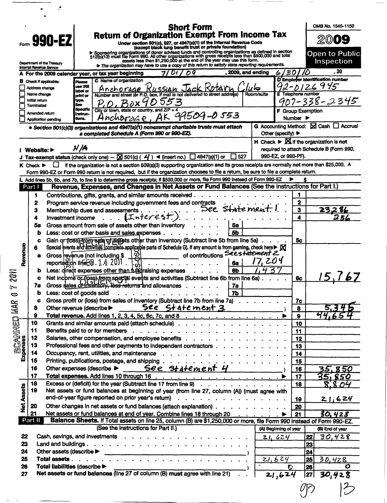 Image of first page of 2009 Form 990EO for Rotary International - Anchorage Russian Jack