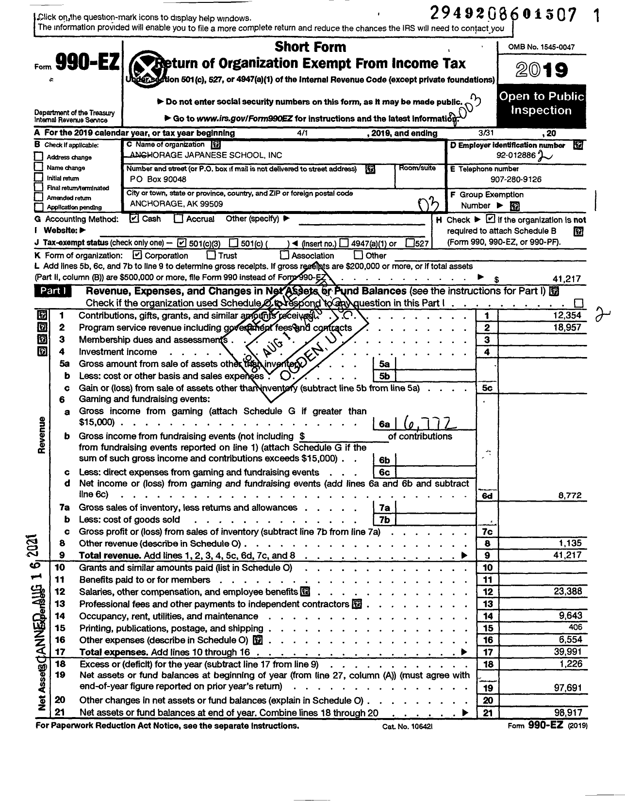 Image of first page of 2019 Form 990EZ for Anchorage Japanese School