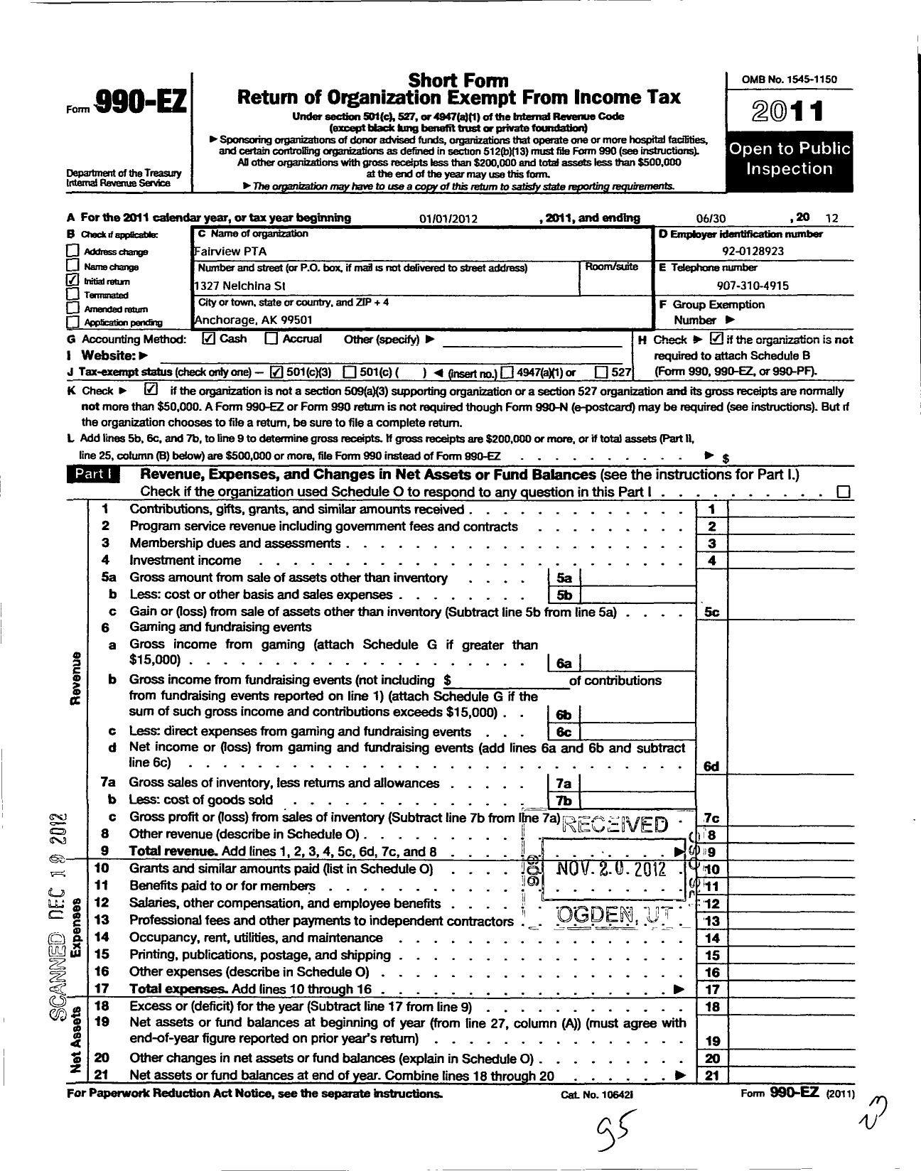 Image of first page of 2011 Form 990EZ for Alaska PTA / Fairview Elem PTA