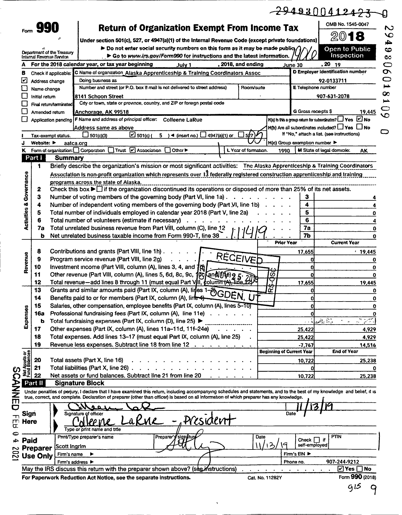 Image of first page of 2018 Form 990O for ALASKA Appentriceship and TRAINING Coordinators Association