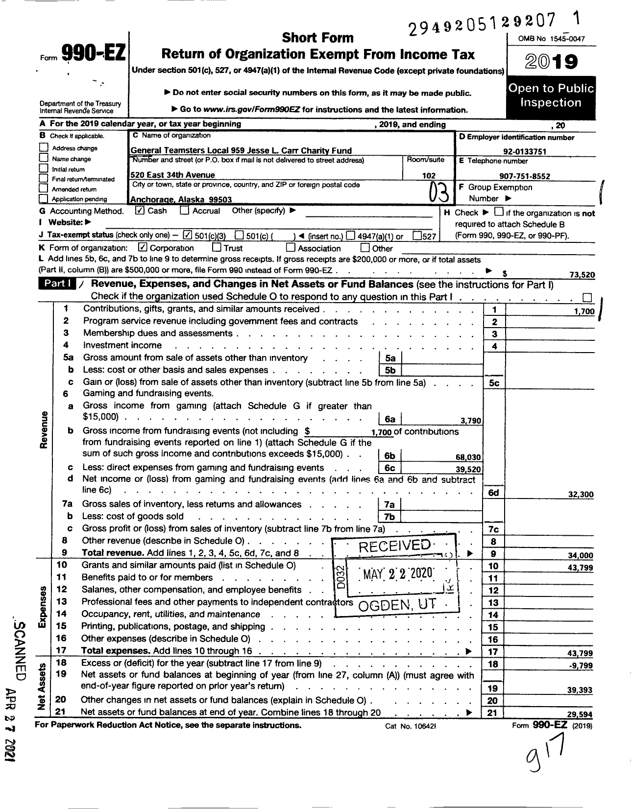 Image of first page of 2019 Form 990EZ for General Teamsters Local 959 Jesse L Carr Charity Fund