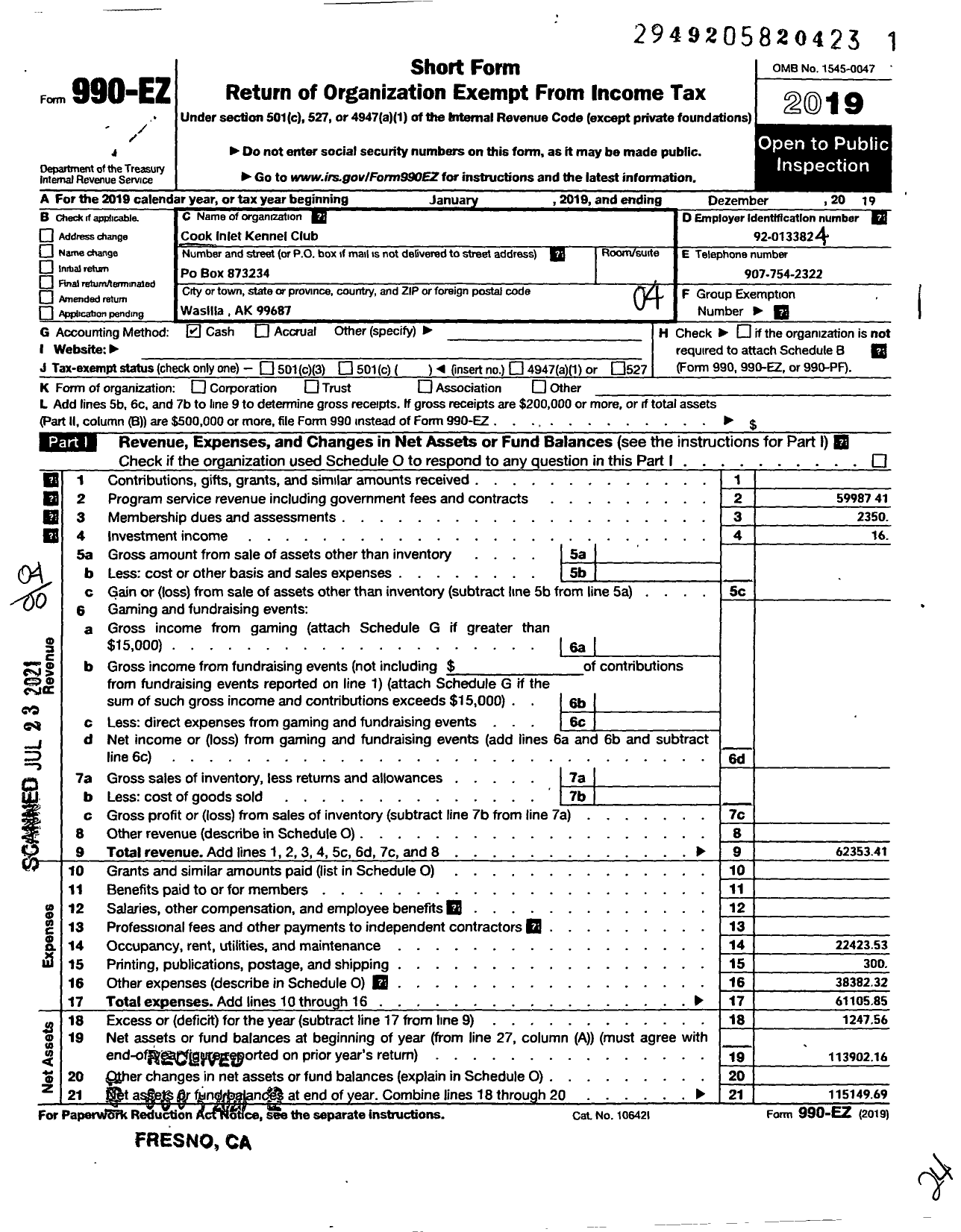 Image of first page of 2019 Form 990EO for Cook Inlet Kennel Club