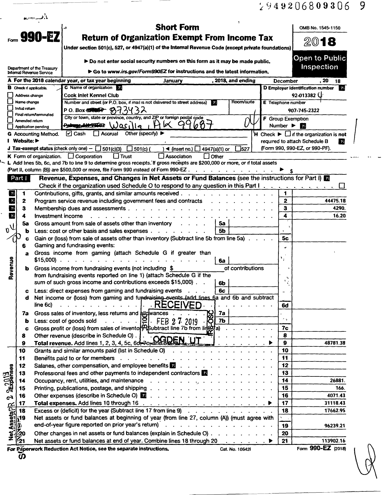 Image of first page of 2018 Form 990EO for Cook Inlet Kennel Club