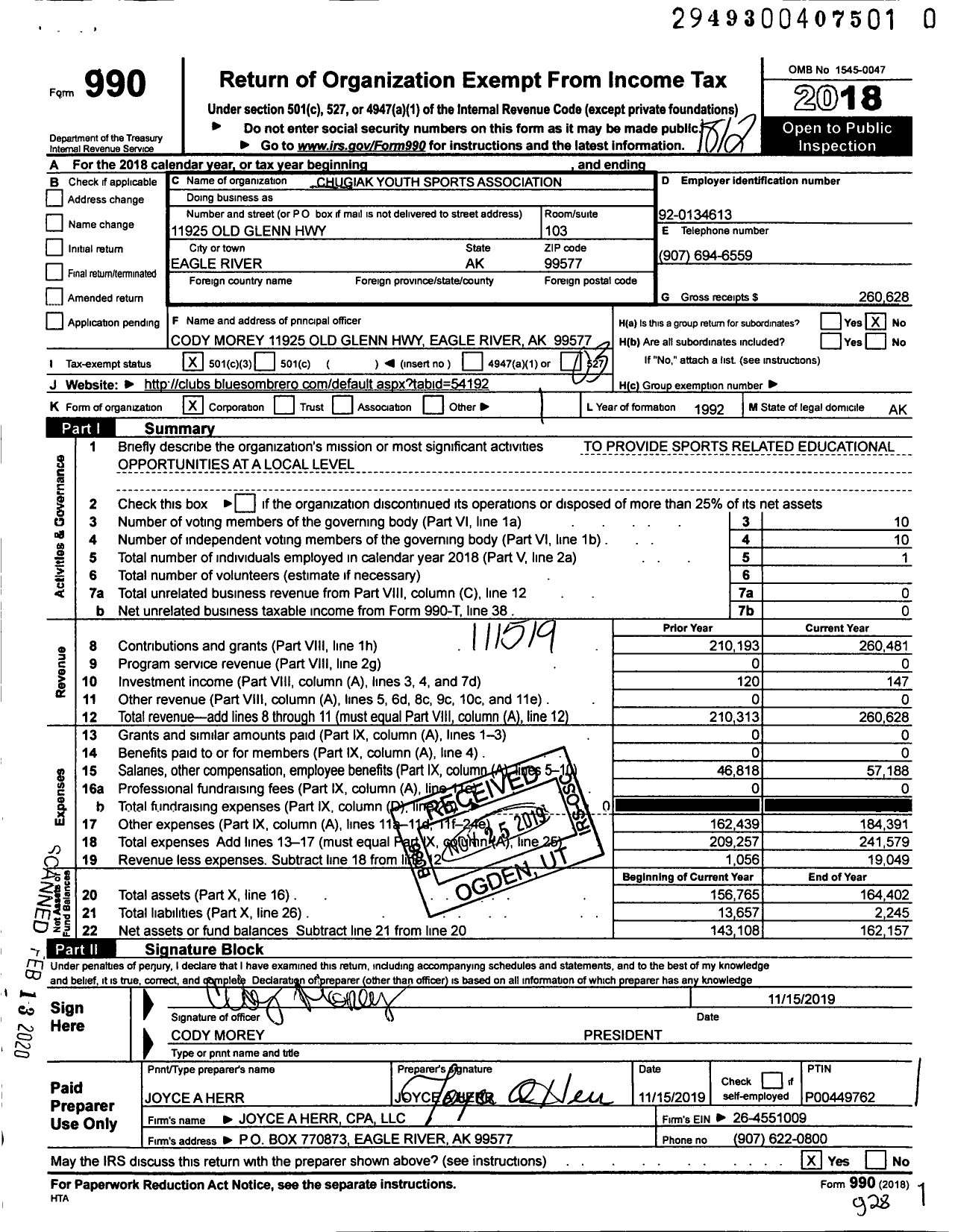 Image of first page of 2018 Form 990 for Chugiak Youth Sports Association (CYSA)