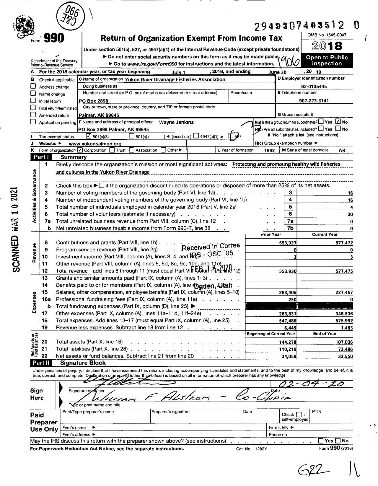 Image of first page of 2018 Form 990 for Yukon River Drainage Fisheries Association (YRDFA)