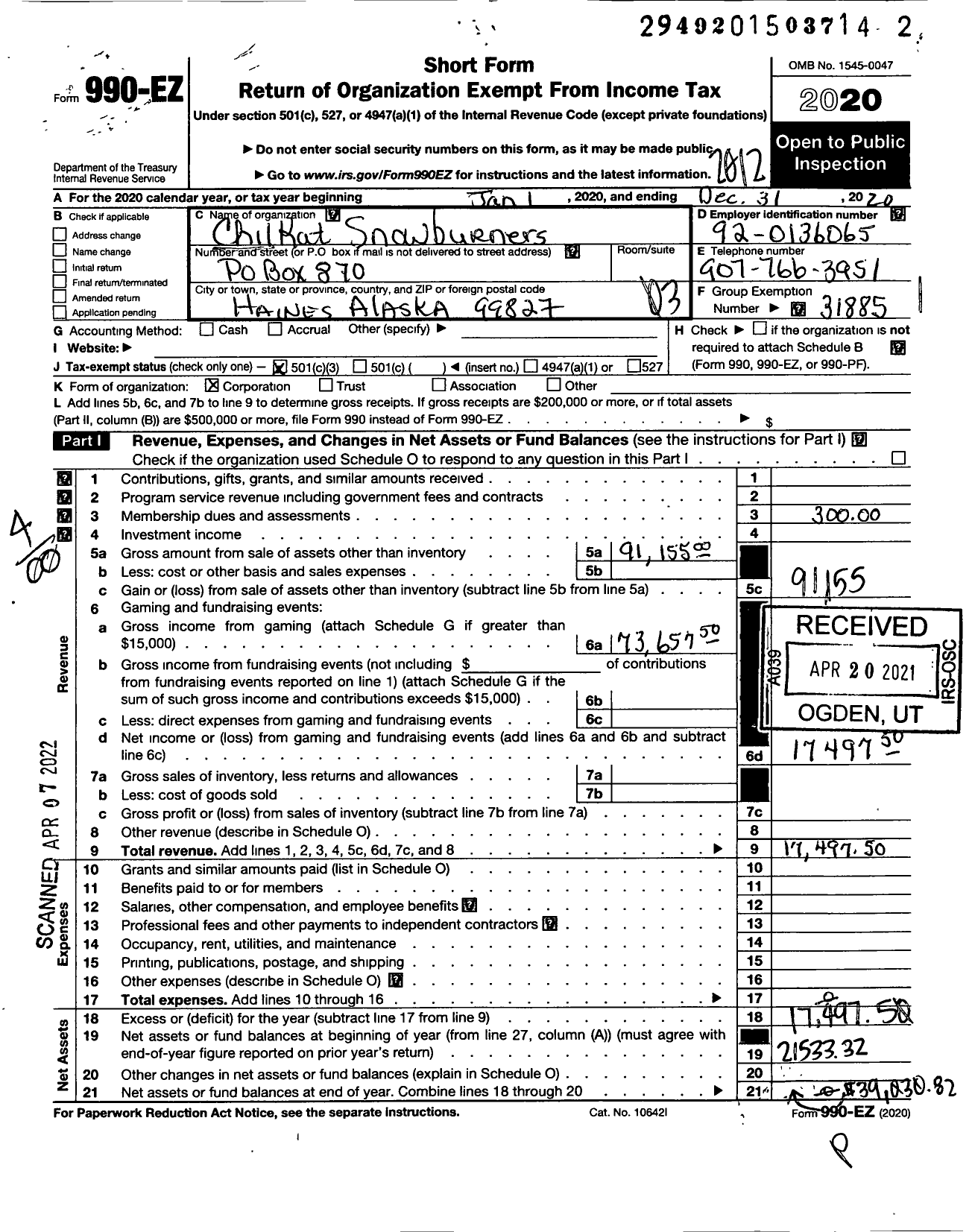 Image of first page of 2020 Form 990EZ for Chilkat Snowburners