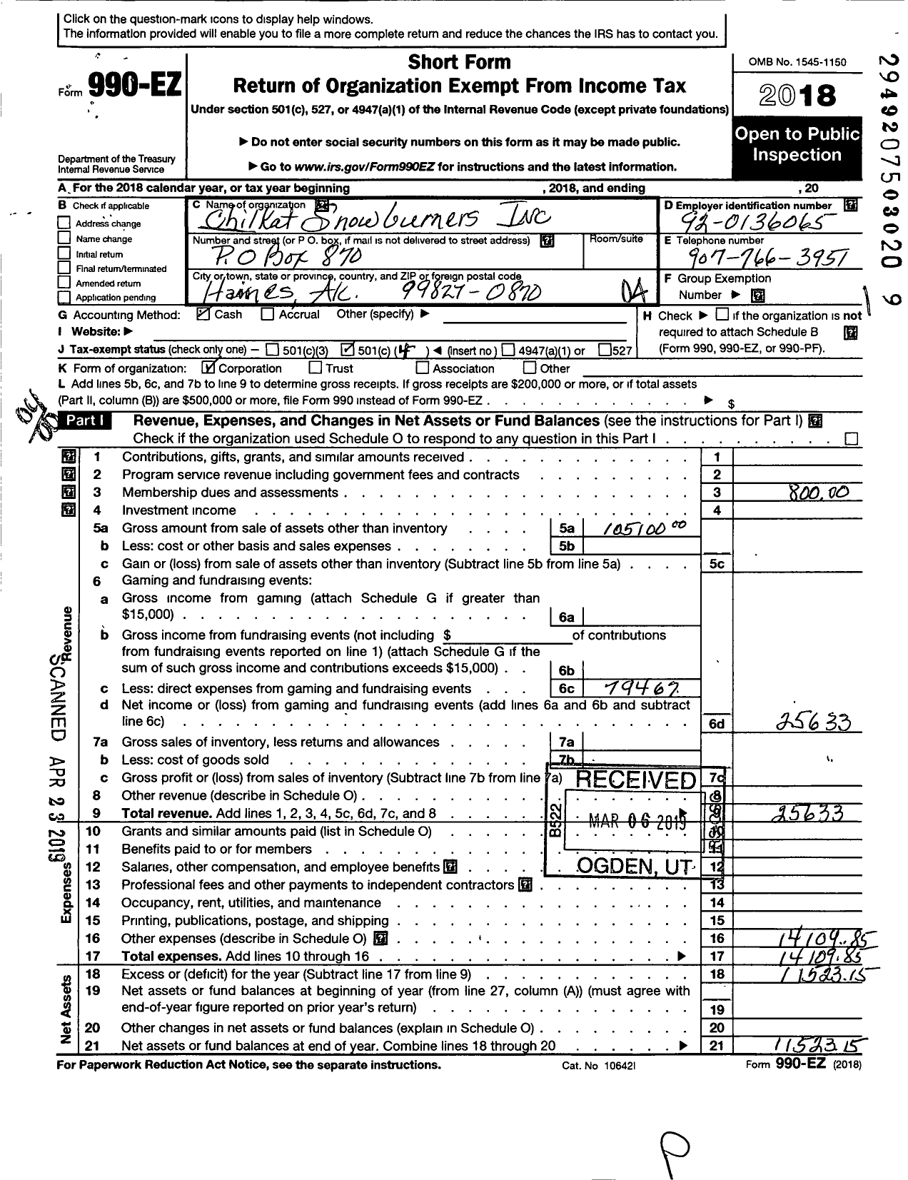 Image of first page of 2018 Form 990EO for Chilkat Snowburners