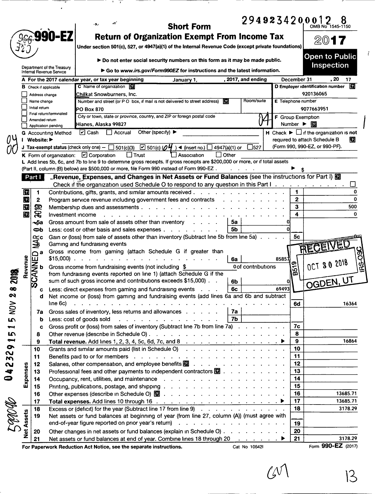 Image of first page of 2017 Form 990EO for Chilkat Snowburners