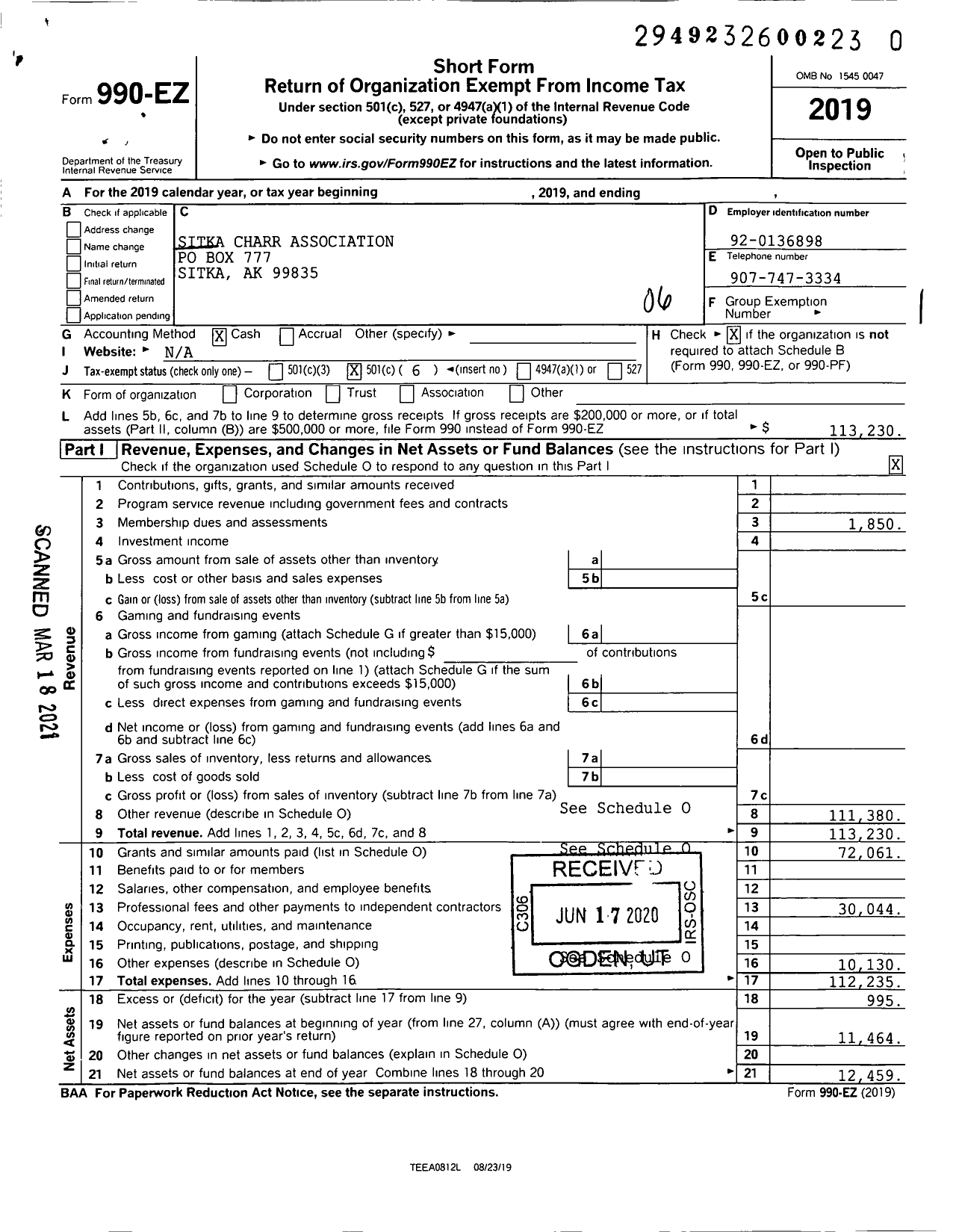 Image of first page of 2019 Form 990EO for Sitka Charr Association