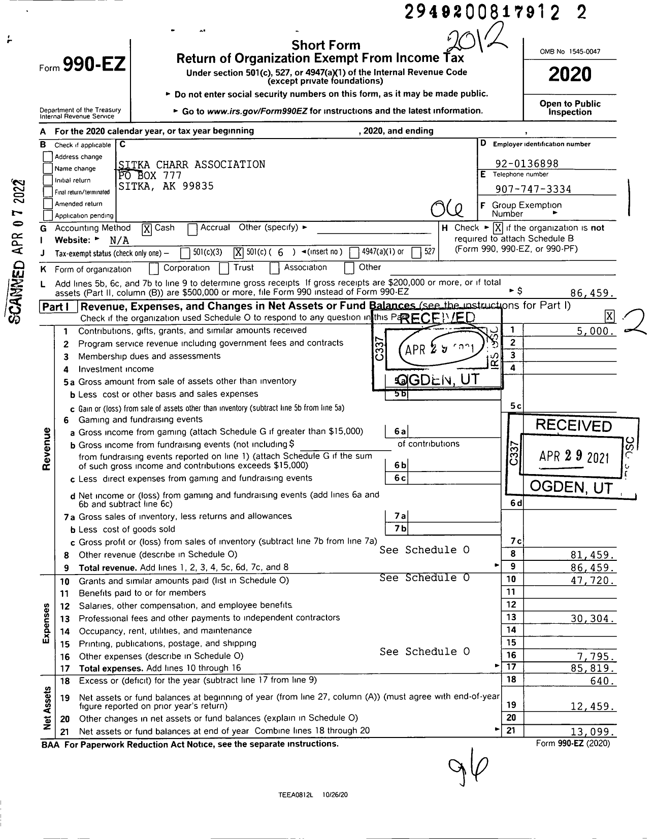 Image of first page of 2020 Form 990EO for Sitka Charr Association