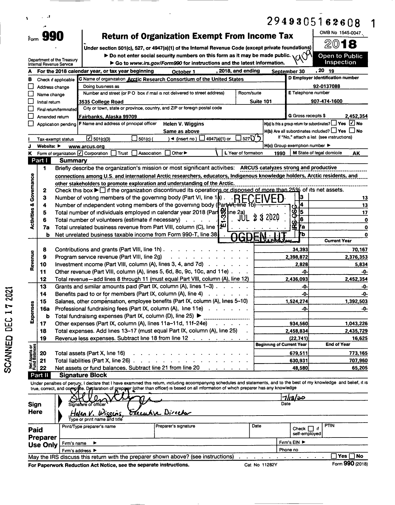 Image of first page of 2018 Form 990 for Arctic Research Consortium of the United States Incorporated