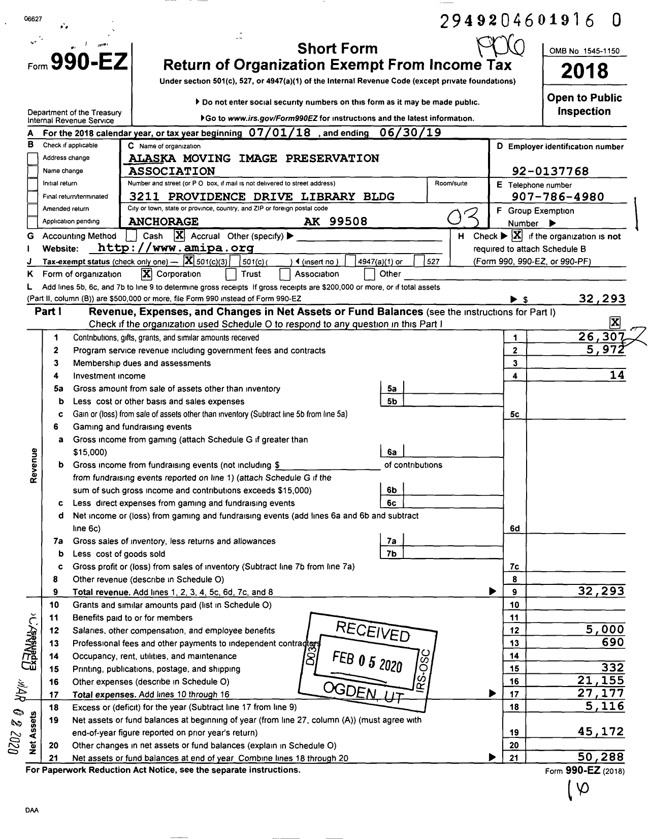 Image of first page of 2018 Form 990EZ for Alaska Moving Image Preservation Association (AMIPA)